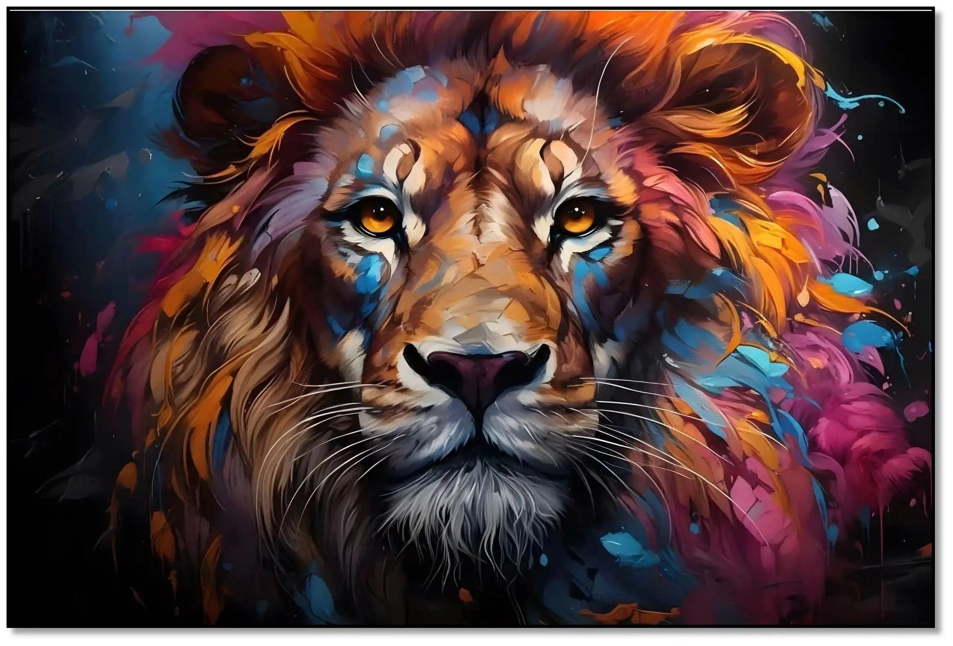 Tableau vibrant d'un lion avec crinière multicolore, bleu, orange et rose, idéal pour salon moderne ou bureau.