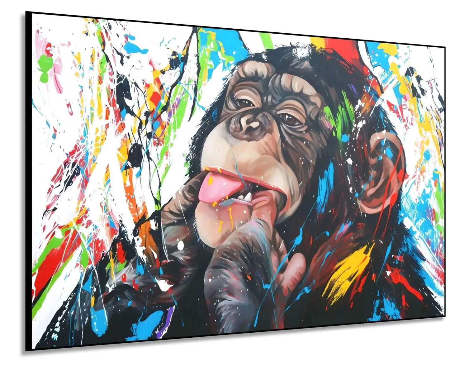 Toile Pop Art avec singe espiègle, éclaboussures multicolores, ambiance joyeuse pour salon moderne ou chambre d'enfant.