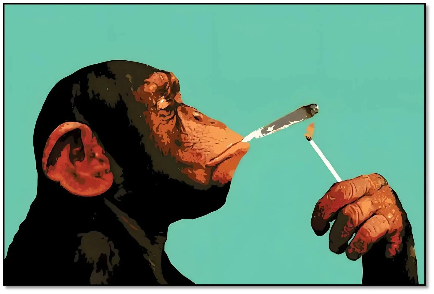 Tableau pop art d'un chimpanzé fumant, couleurs vives et style moderne, ambiance humoristique pour salon ou bureau.