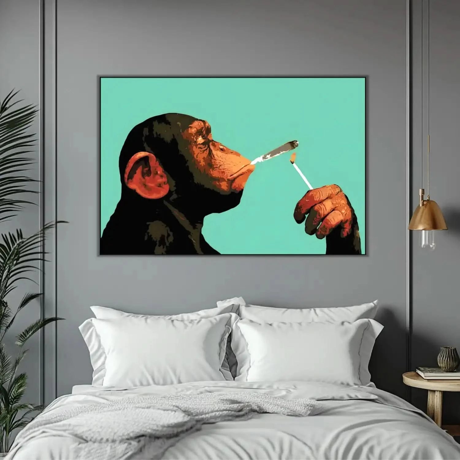 Tableau pop art d'un chimpanzé fumant, couleurs vives et style moderne, ambiance humoristique pour salon ou bureau.