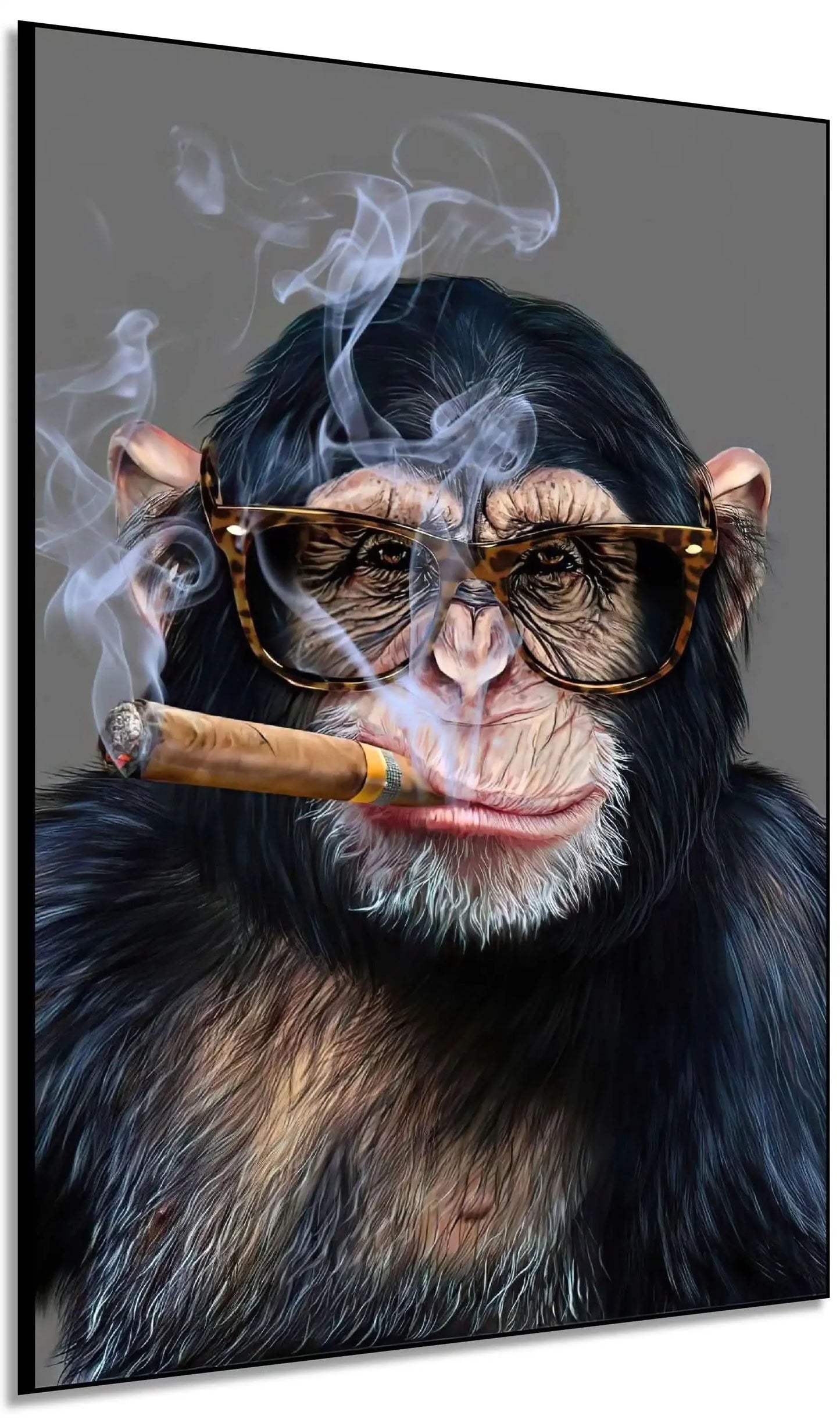 Portrait d'un singe avec lunettes fumant un cigare, ambiance chic et mystique, idéal pour salon ou bureau moderne.
