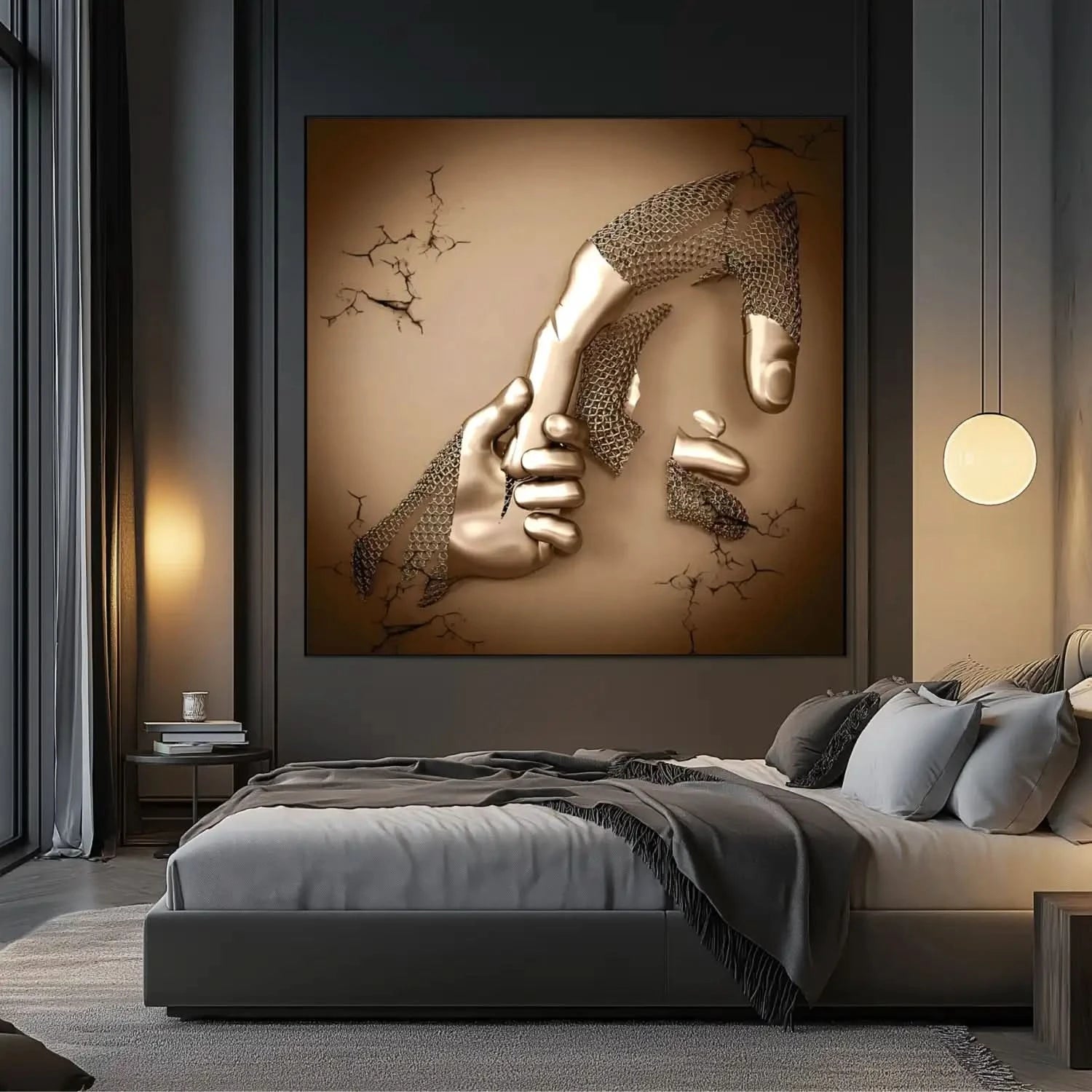 Une main dorée attrape une main cassée dans un tableau abstrait carré; or et beige évoquent solidarité et vitalité.