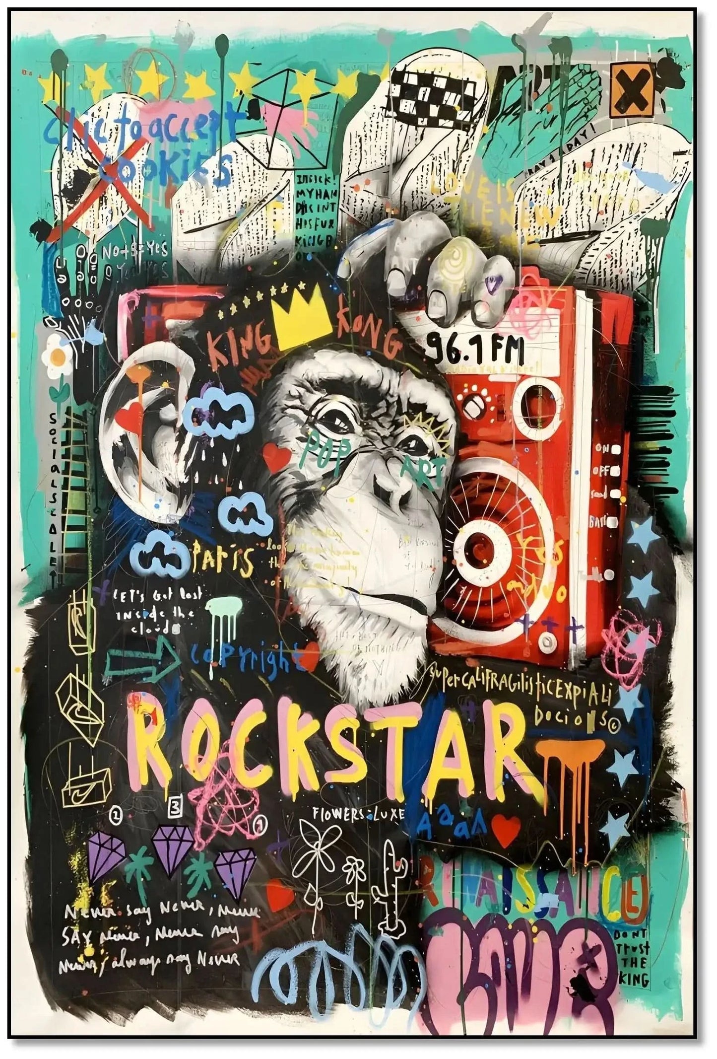 Tableau pop art avec gorille couronné, graffitis colorés, rouge éclatant et turquoise vif, ambiance urbaine et dynamique.