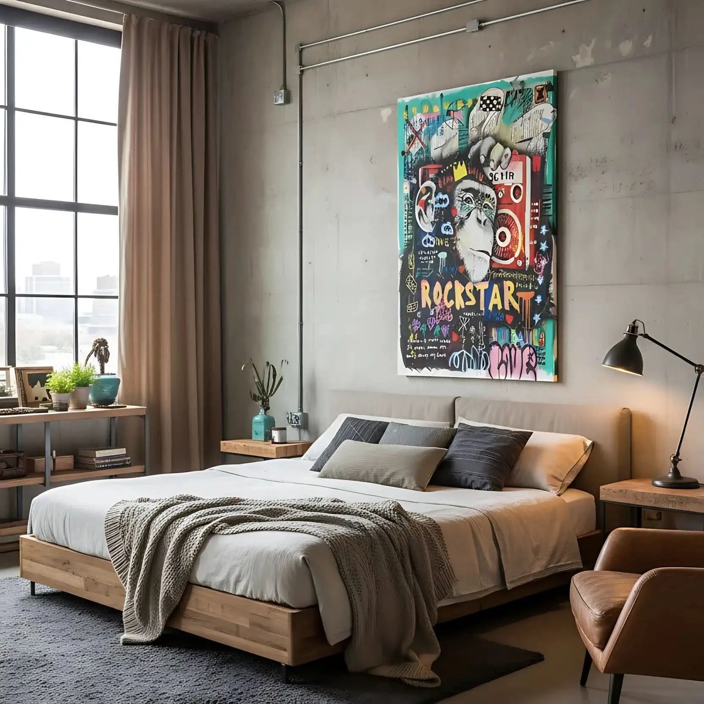 Tableau pop art avec gorille couronné, graffitis colorés, rouge éclatant et turquoise vif, ambiance urbaine et dynamique.