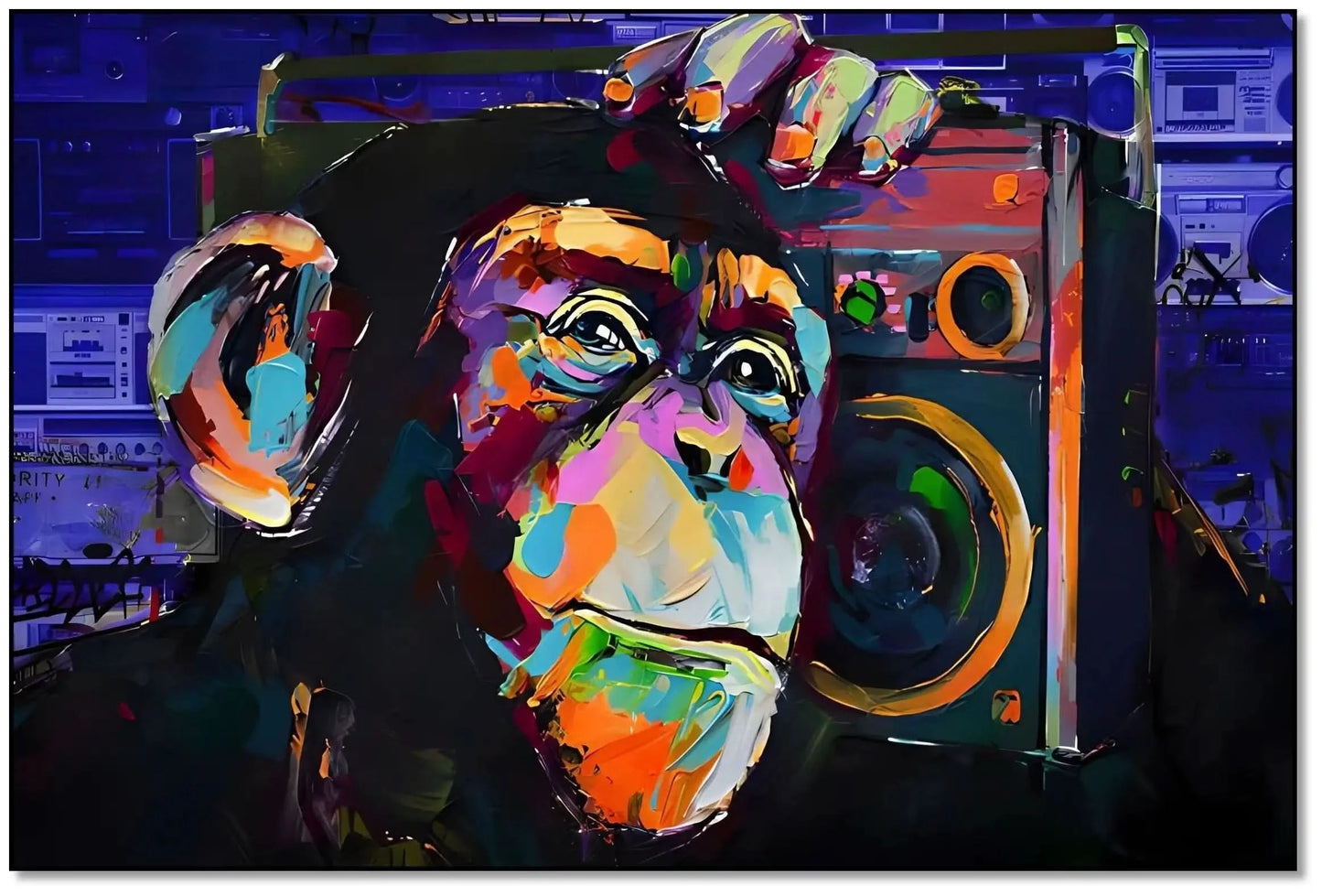 Tableau pop art avec singe vibrant et radio, couleurs éclatantes, ambiance ludique pour salon moderne.