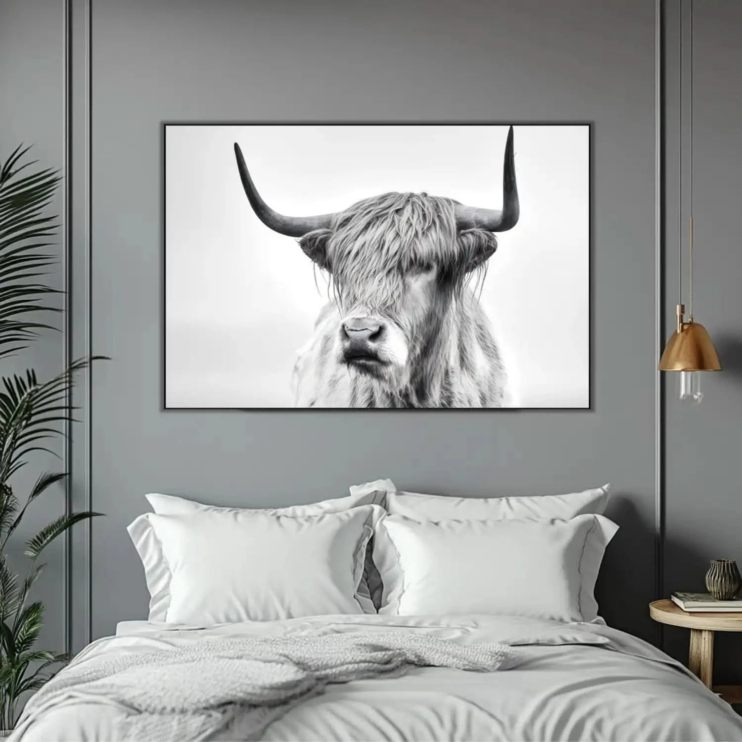 Photographie noir et blanc d'un bœuf Highland, sérénité et puissance pour salon moderne ou bureau, ambiance élégante.