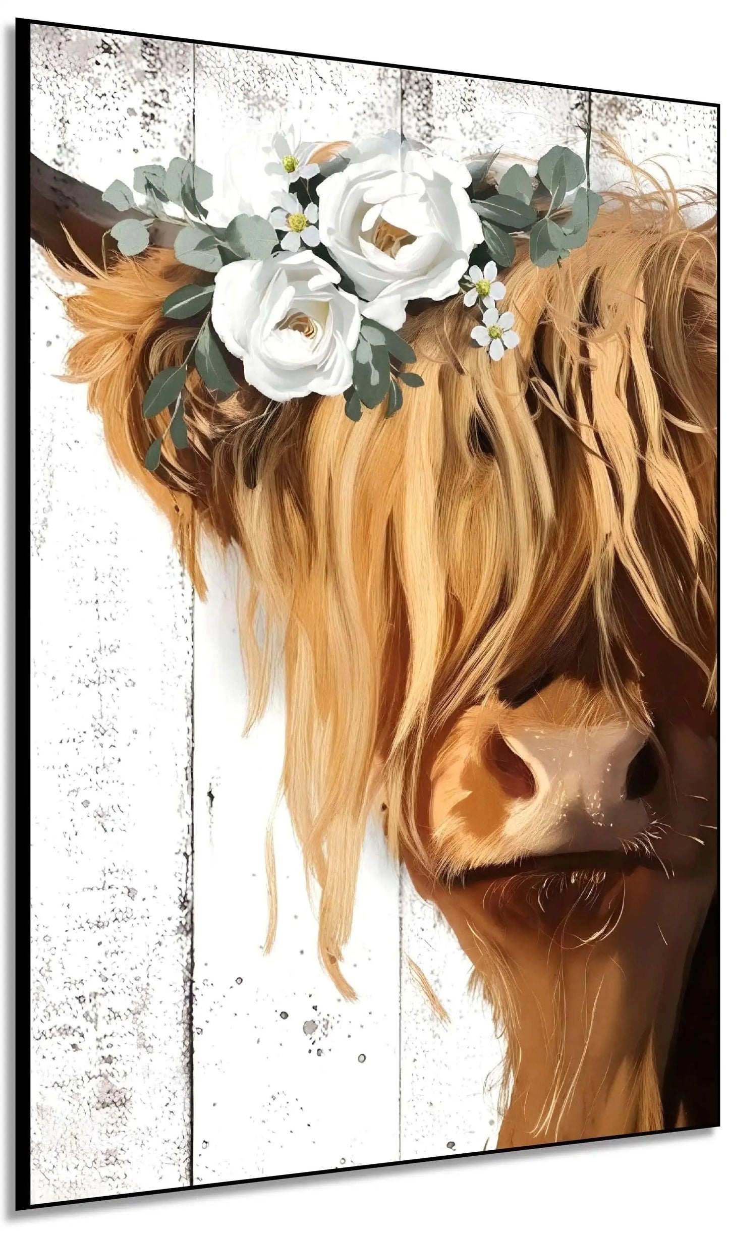 Vache Highland avec couronne de fleurs blanches, ambiance rustique et naturelle pour salon ou cuisine.