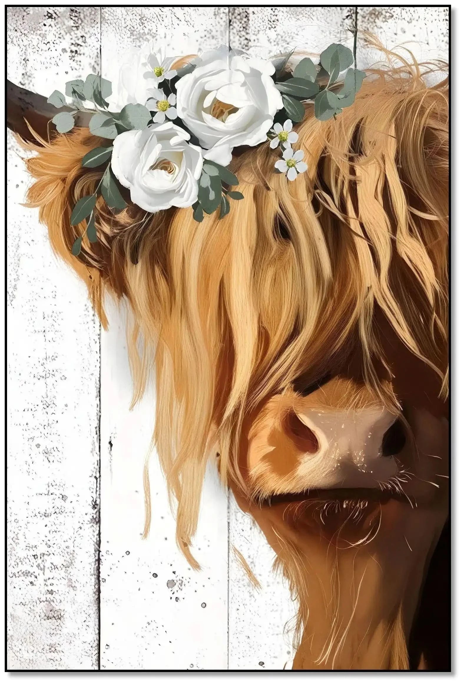 Vache Highland avec couronne de fleurs blanches, ambiance rustique et naturelle pour salon ou cuisine.