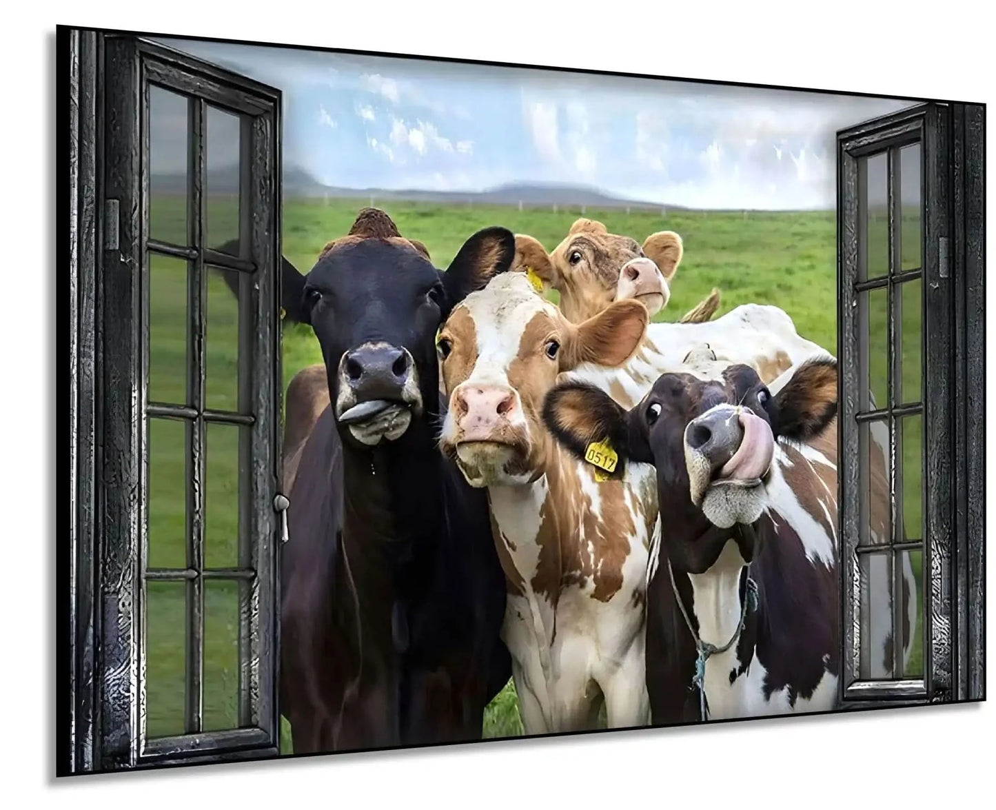 Groupe de vaches curieuses encadrées par une fenêtre rustique, scène champêtre humoristique et vivante pour cuisine ou salon.