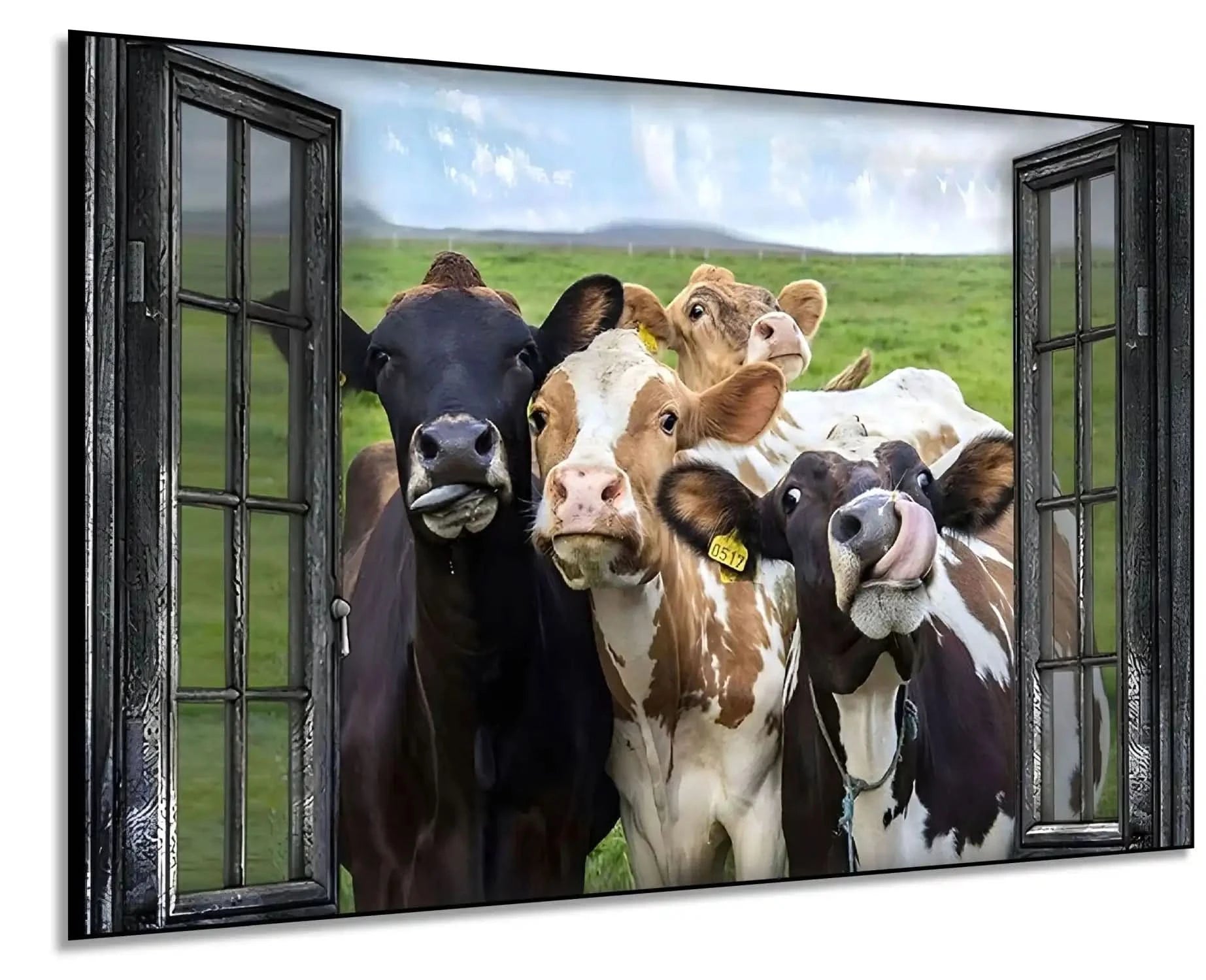 Groupe de vaches curieuses encadrées par une fenêtre rustique, scène champêtre humoristique et vivante pour cuisine ou salon.