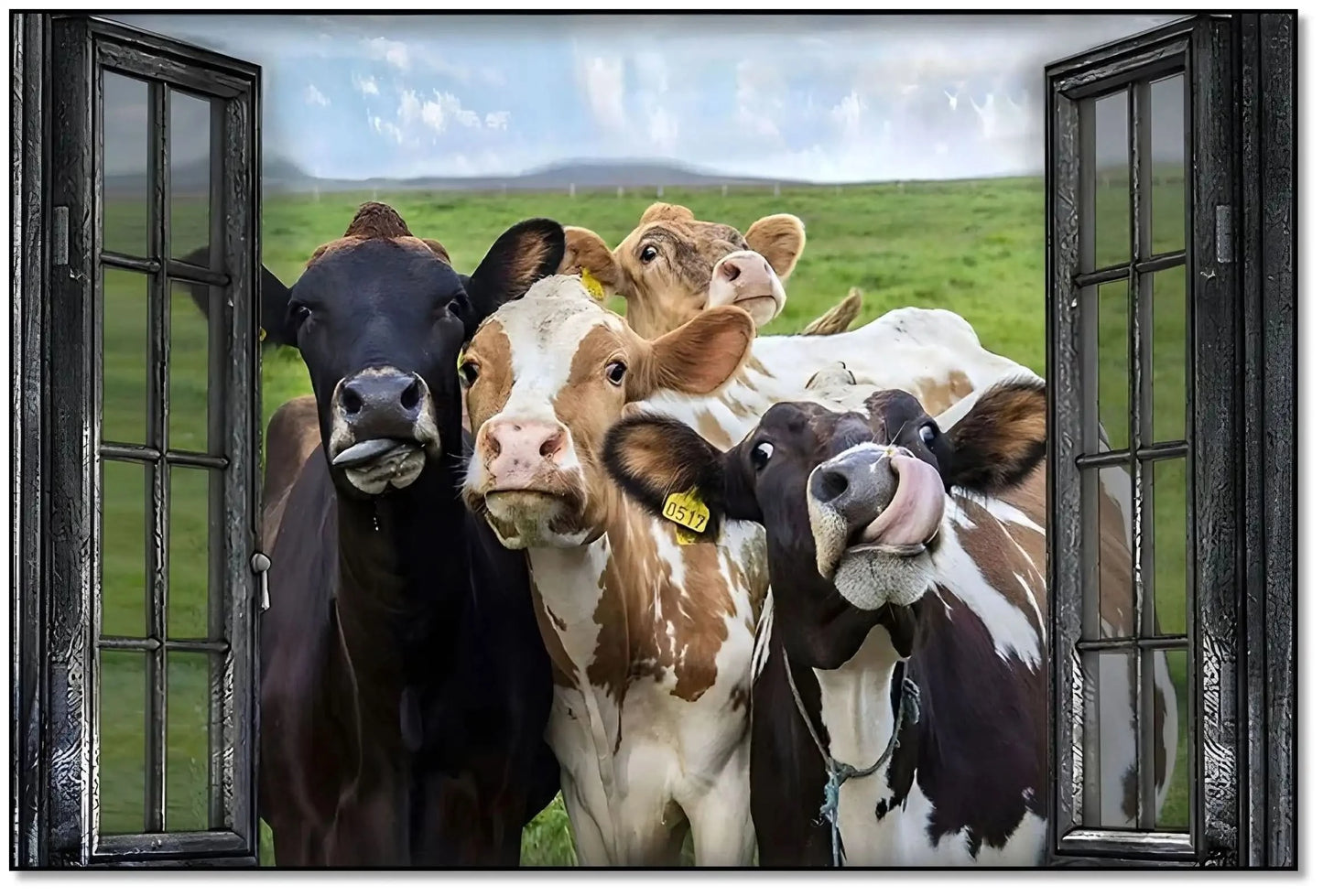Groupe de vaches curieuses encadrées par une fenêtre rustique, scène champêtre humoristique et vivante pour cuisine ou salon.