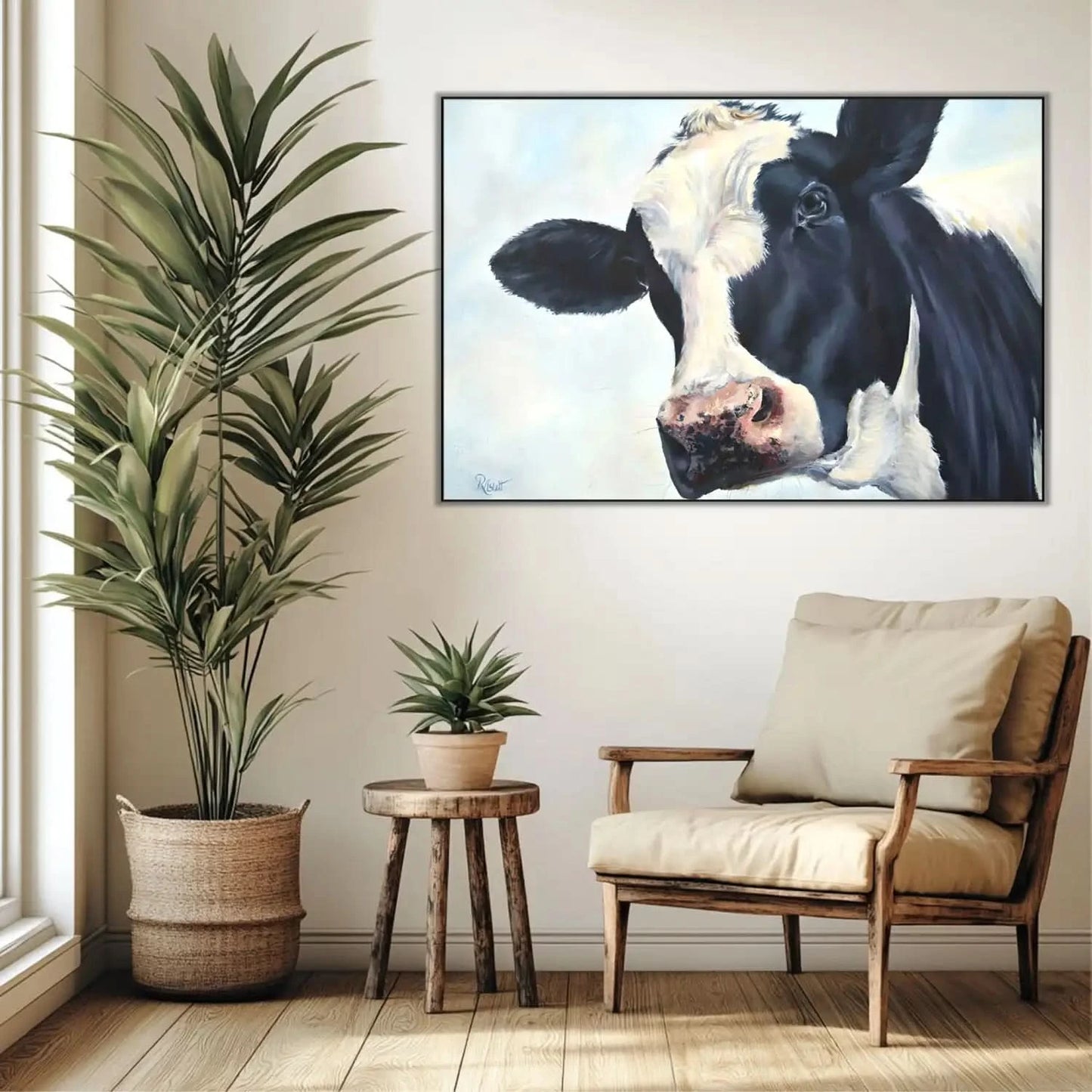 Portrait réaliste d'une vache en noir et blanc, ambiance rustique et apaisante pour salon ou cuisine.