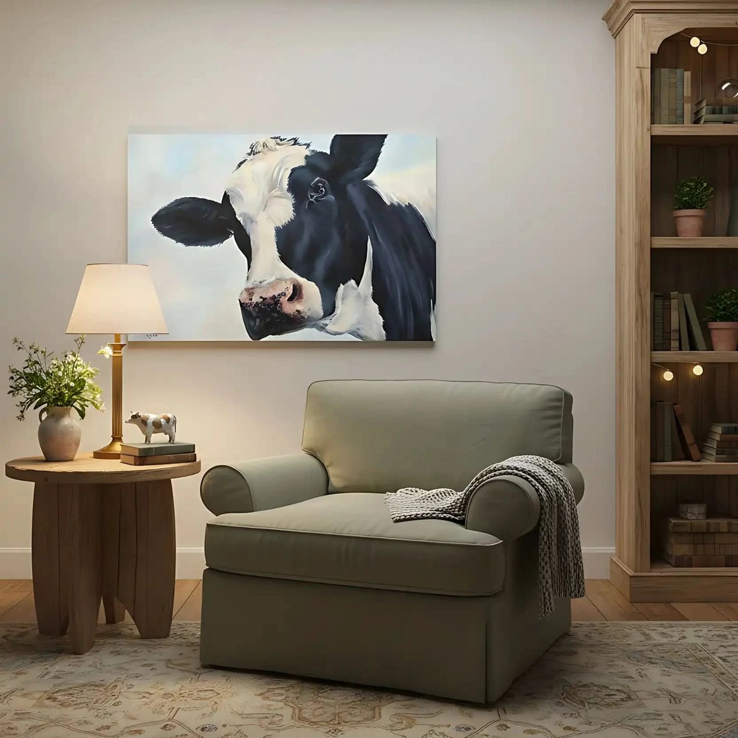 Portrait réaliste d'une vache en noir et blanc, ambiance rustique et apaisante pour salon ou cuisine.
