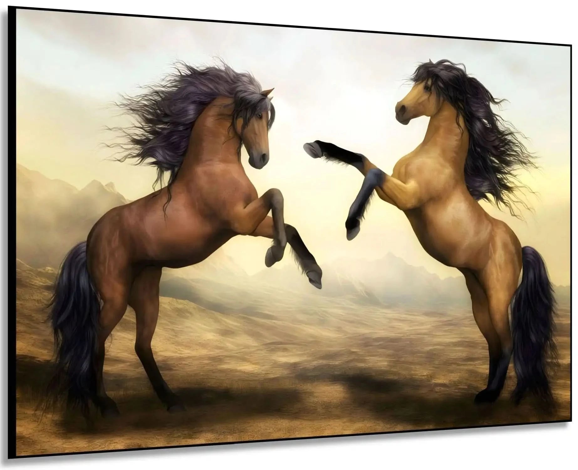 Deux chevaux majestueux se cabrant dans un paysage désertique doré, crinières noires flottantes, ambiance de liberté et de pu