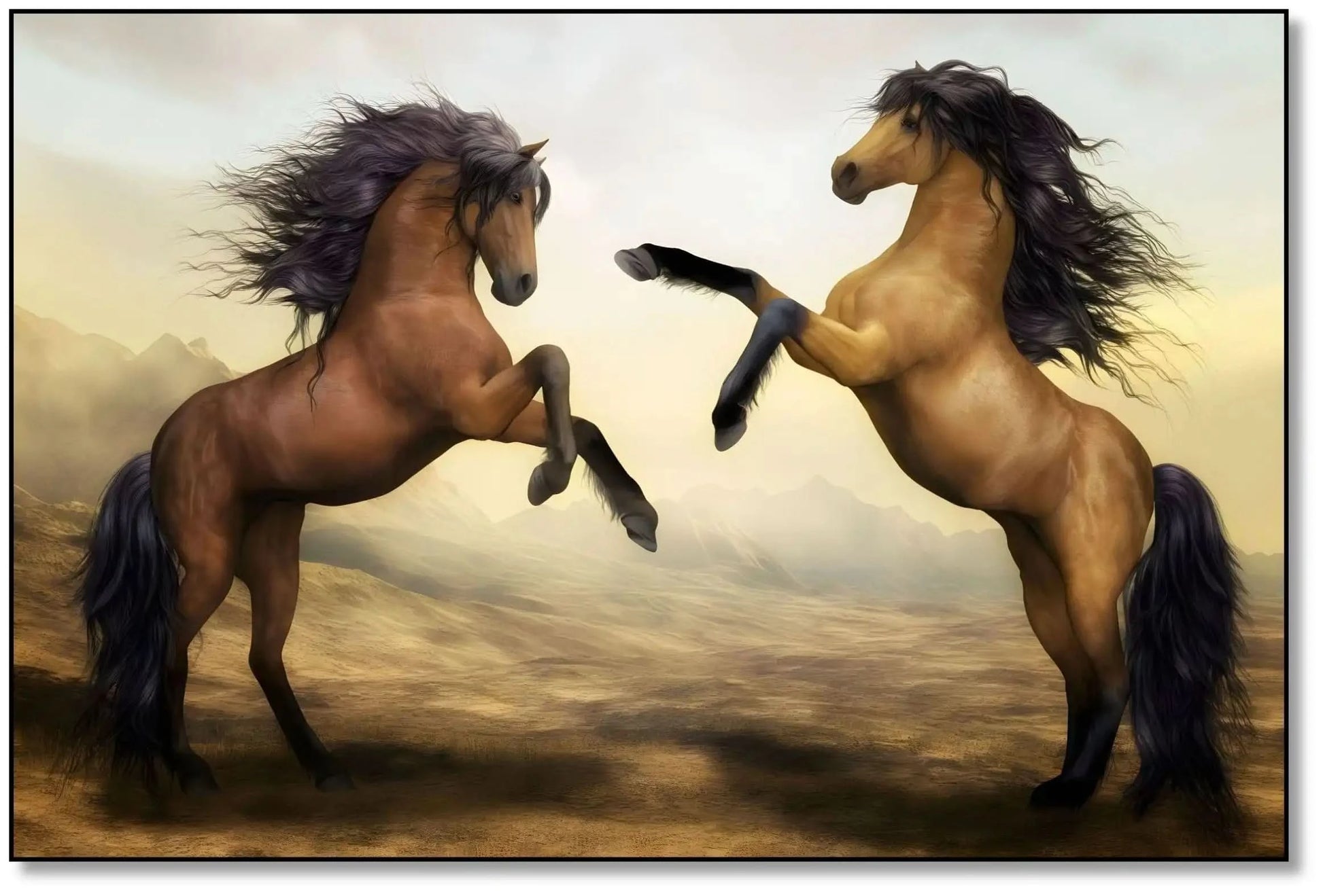 Deux chevaux majestueux se cabrant dans un paysage désertique doré, crinières noires flottantes, ambiance de liberté et de pu