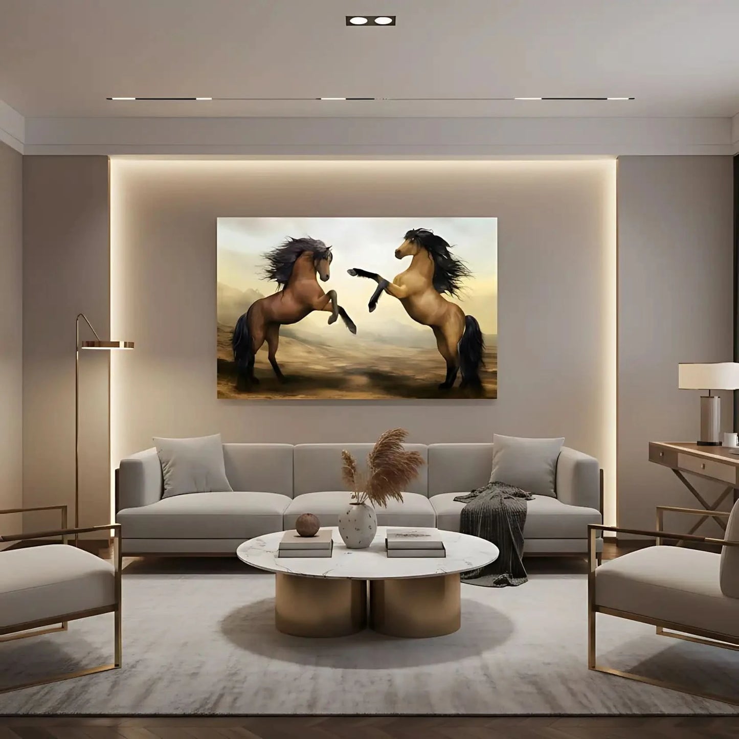 Deux chevaux majestueux se cabrant dans un paysage désertique doré, crinières noires flottantes, ambiance de liberté et de pu