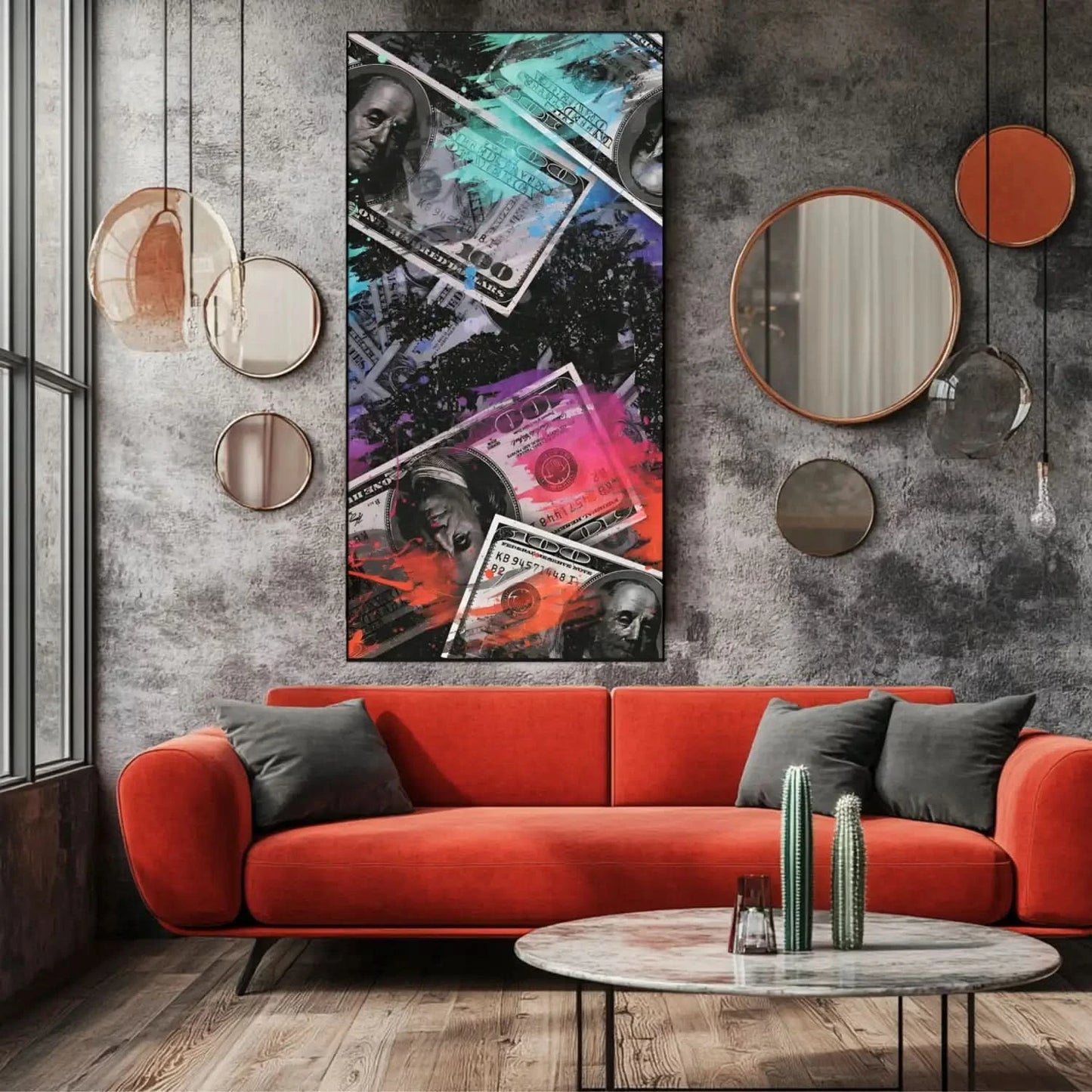 Œuvre moderne avec billets de banque et couleurs vives, bleu, rouge et violet, pour salon contemporain ou bureau.