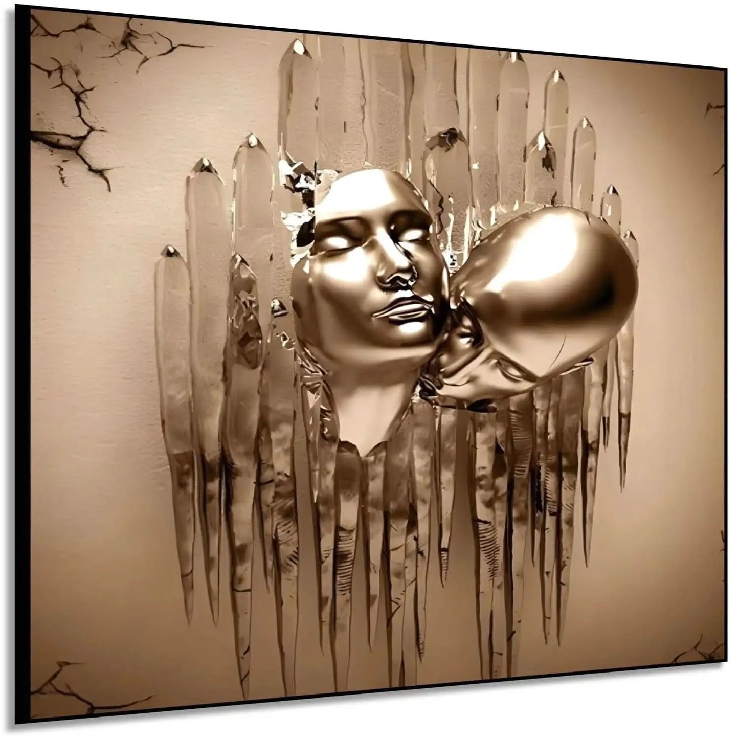 Visages dorés surgissent de coulures métalliques dans une toile abstraite carrée; or et beige évoquent mystère et sérénité.