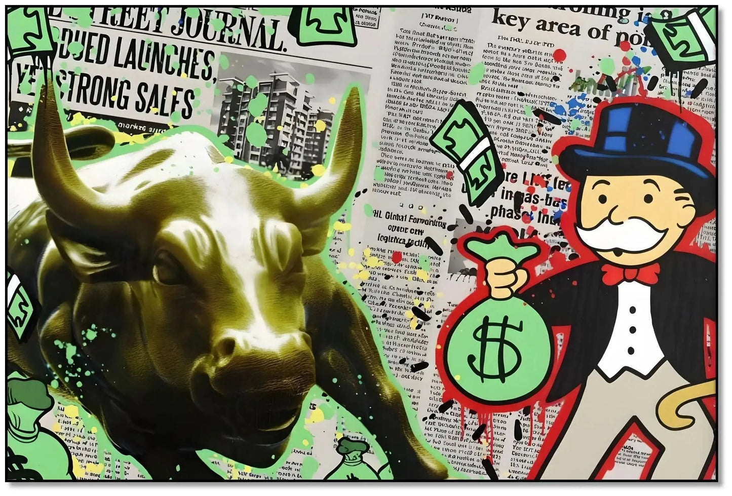 Œuvre pop art avec taureau doré, billets verts et personnage iconique, ambiance dynamique et urbaine pour bureau moderne.