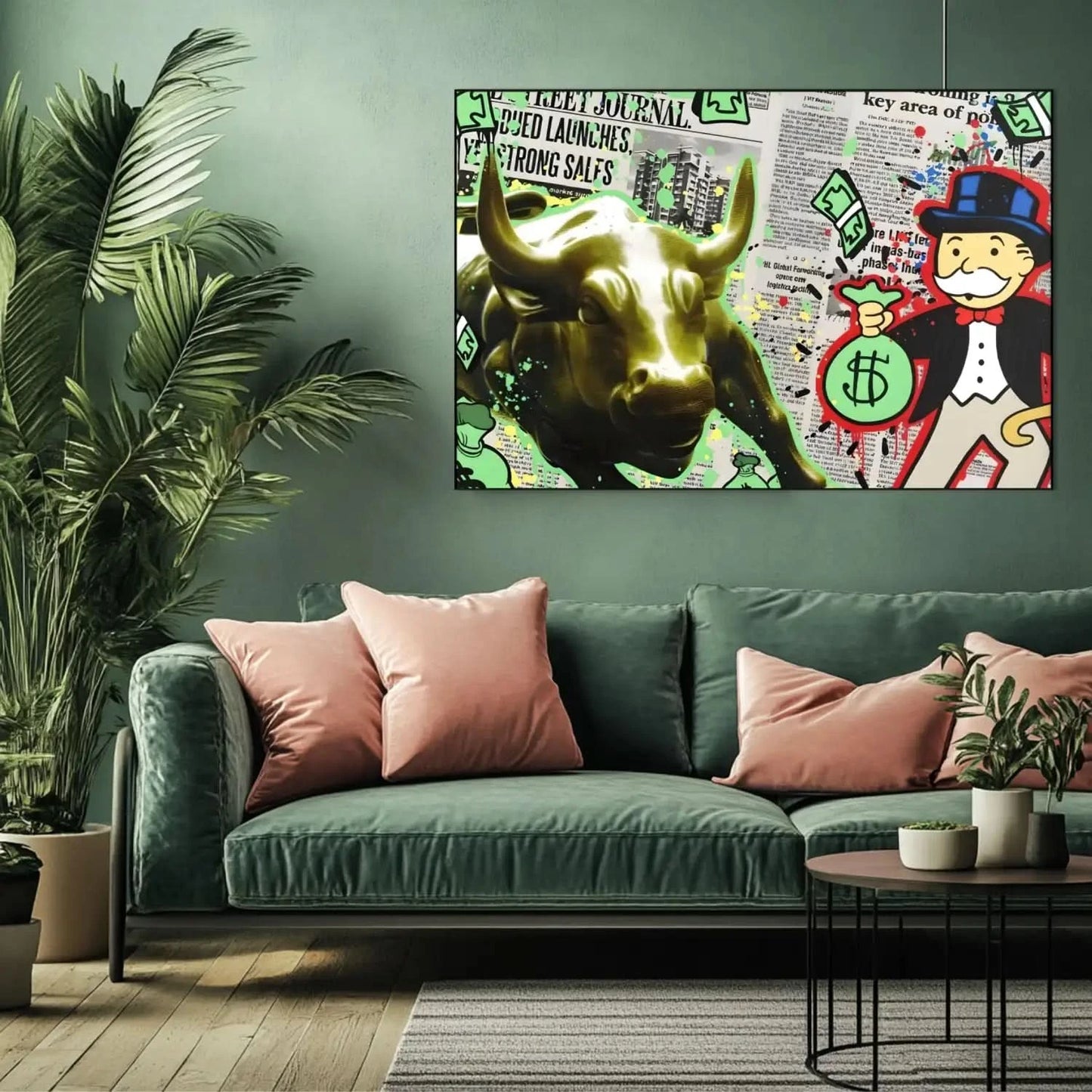 Œuvre pop art avec taureau doré, billets verts et personnage iconique, ambiance dynamique et urbaine pour bureau moderne.