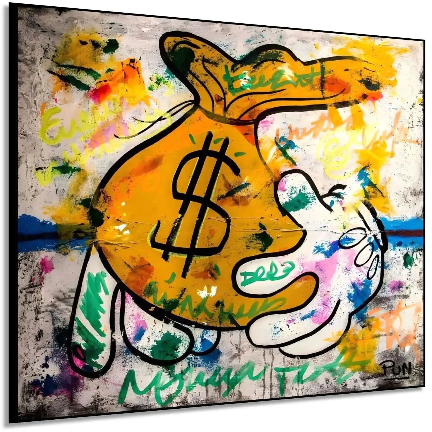 Street art avec sac de monnaie jaune, graffitis multicolores, ambiance urbaine et dynamique pour salon ou bureau moderne.