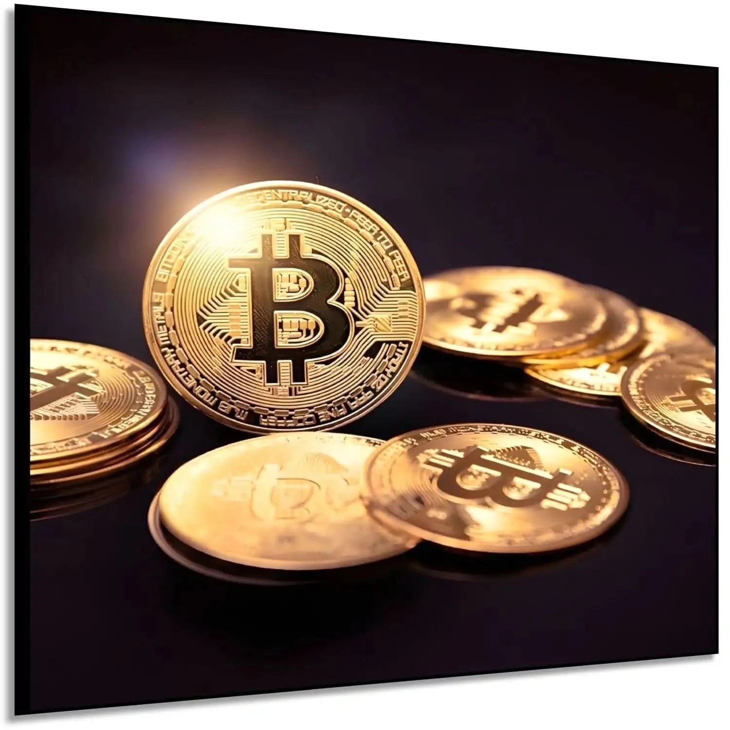 Tableau de pièces dorées sur fond noir, symbolisant richesse et prospérité, ambiance luxueuse pour bureau ou salon moderne.