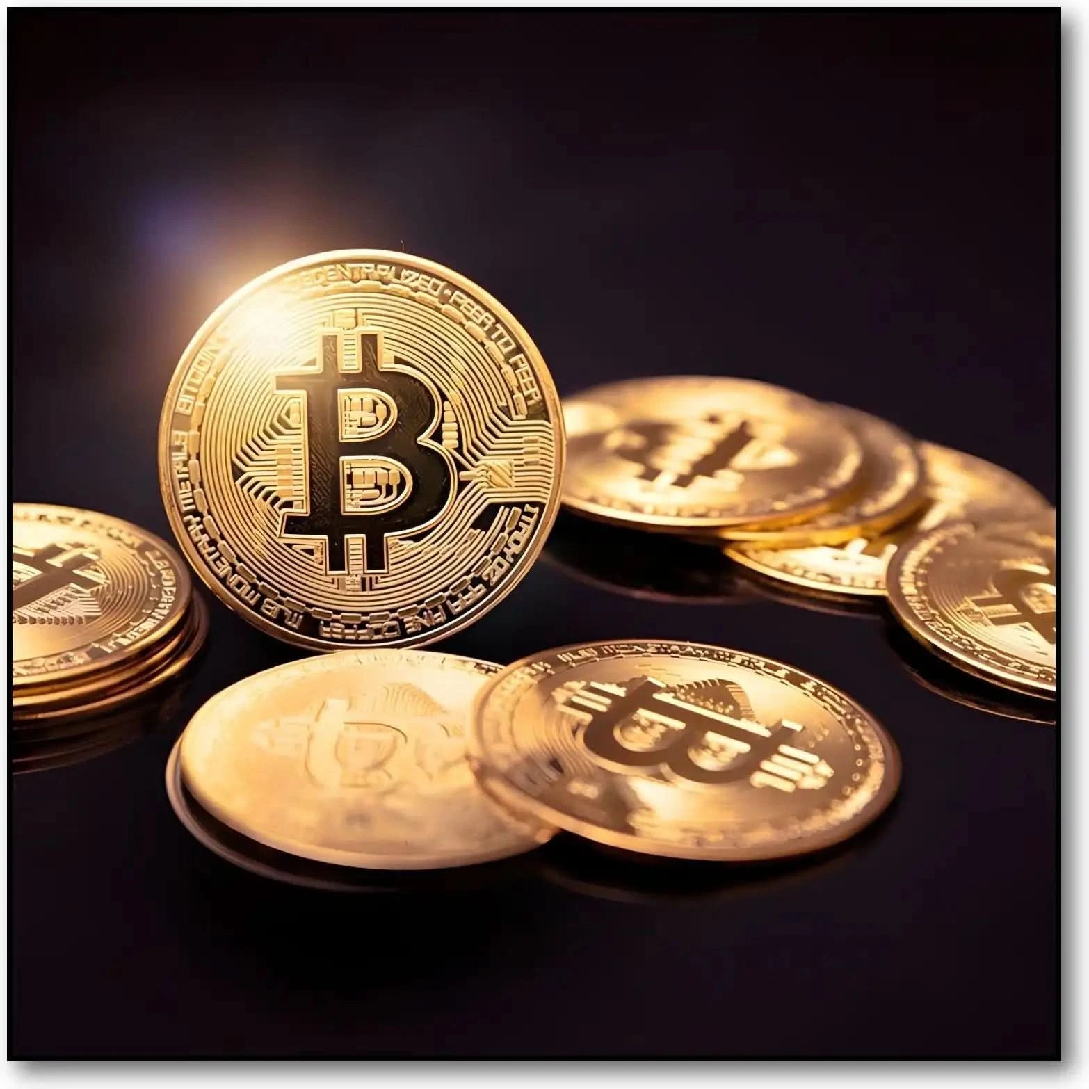 Tableau de pièces dorées sur fond noir, symbolisant richesse et prospérité, ambiance luxueuse pour bureau ou salon moderne.