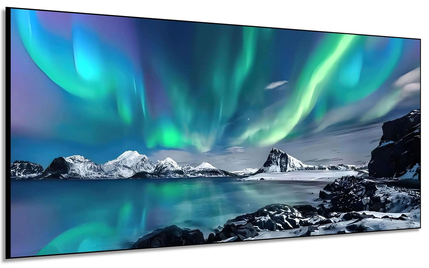 Aurore boréale aux nuances vertes et bleues, paysage enneigé, ambiance sereine et mystique pour salon ou chambre.