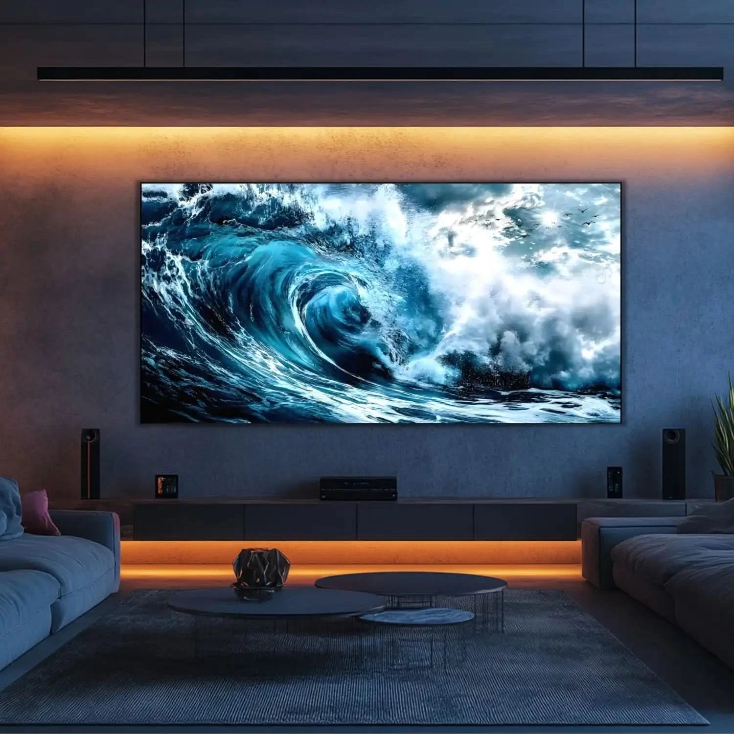 Vague déferlante aux bleus profonds et blancs éclatants, ambiance dynamique et fraîche pour salon moderne ou bureau.