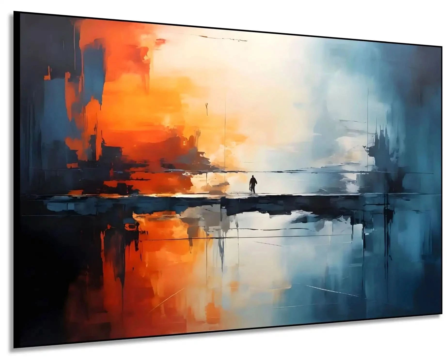 Tableau abstrait avec teintes orange et bleu, silhouette solitaire sur pont, ambiance mystérieuse pour salon moderne ou burea