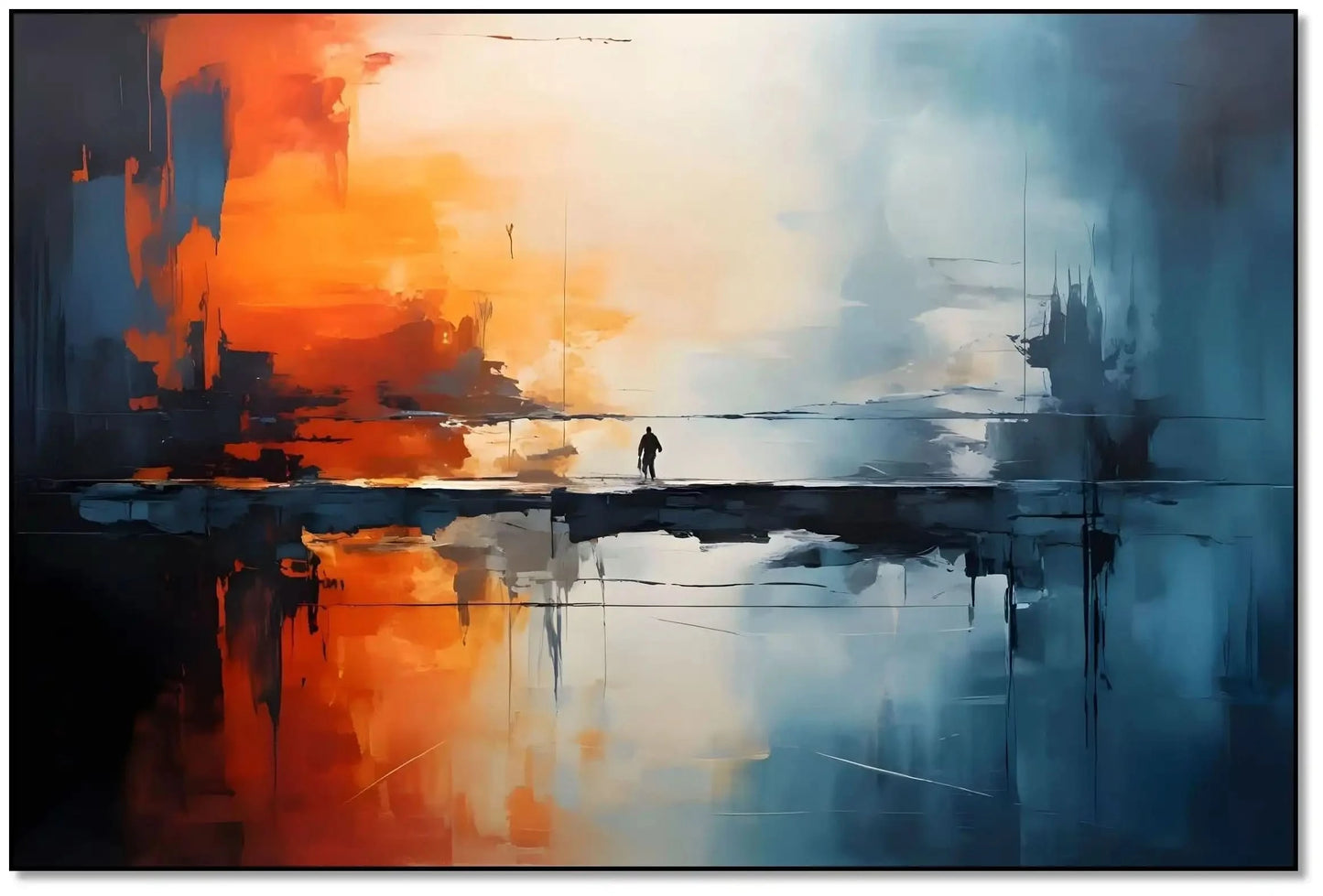 Tableau abstrait avec teintes orange et bleu, silhouette solitaire sur pont, ambiance mystérieuse pour salon moderne ou burea
