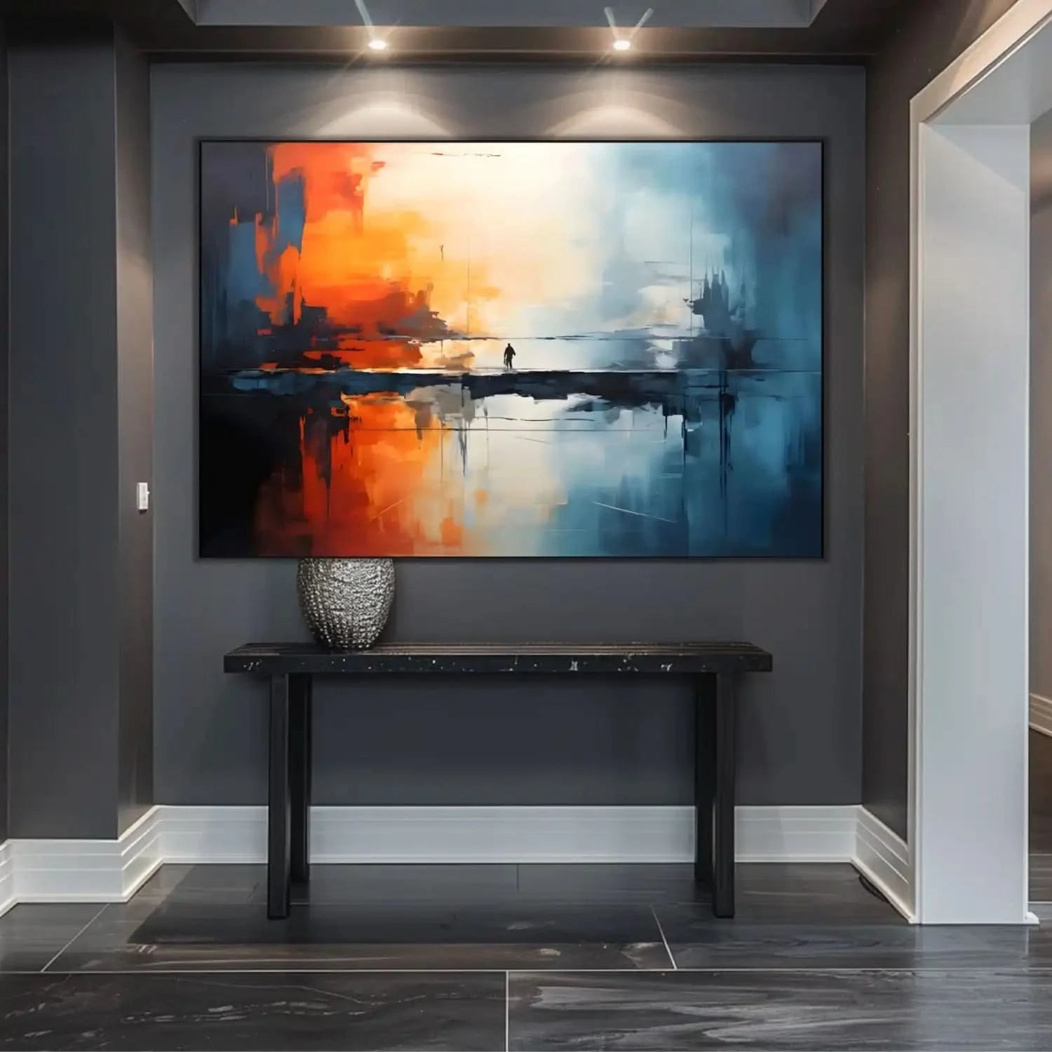 Tableau abstrait avec teintes orange et bleu, silhouette solitaire sur pont, ambiance mystérieuse pour salon moderne ou burea