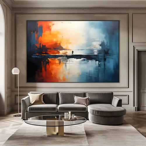 Tableau abstrait avec teintes orange et bleu, silhouette solitaire sur pont, ambiance mystérieuse pour salon moderne ou burea