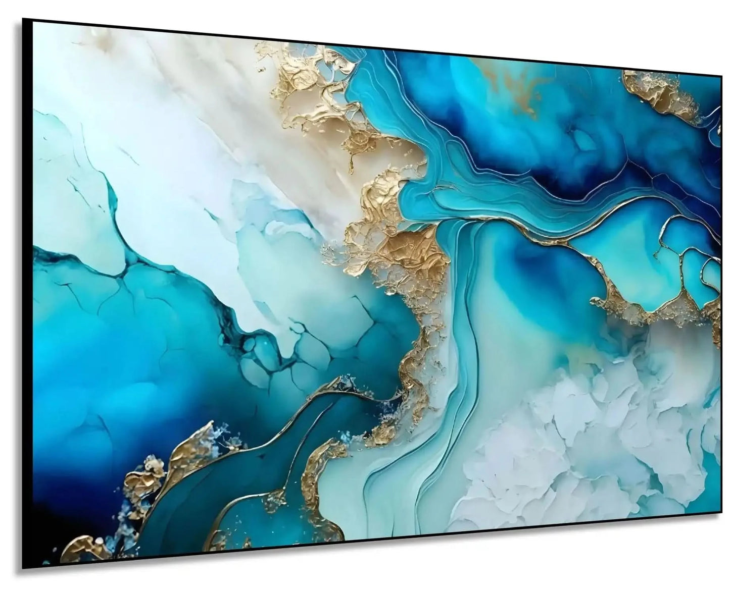 Tableau abstrait avec bleus profonds et dorés lumineux, ambiance sereine et élégante pour salon ou bureau moderne.