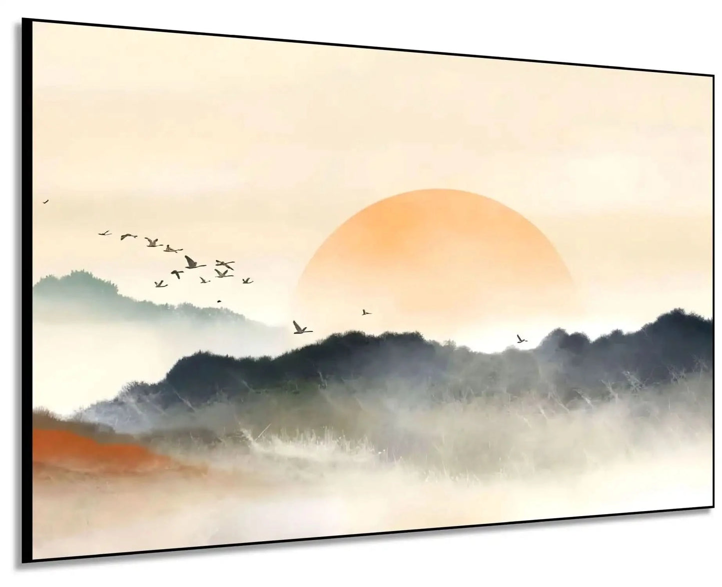 Lever de soleil avec teintes orange et gris, oiseaux en vol, ambiance sereine et mystérieuse pour salon ou chambre.