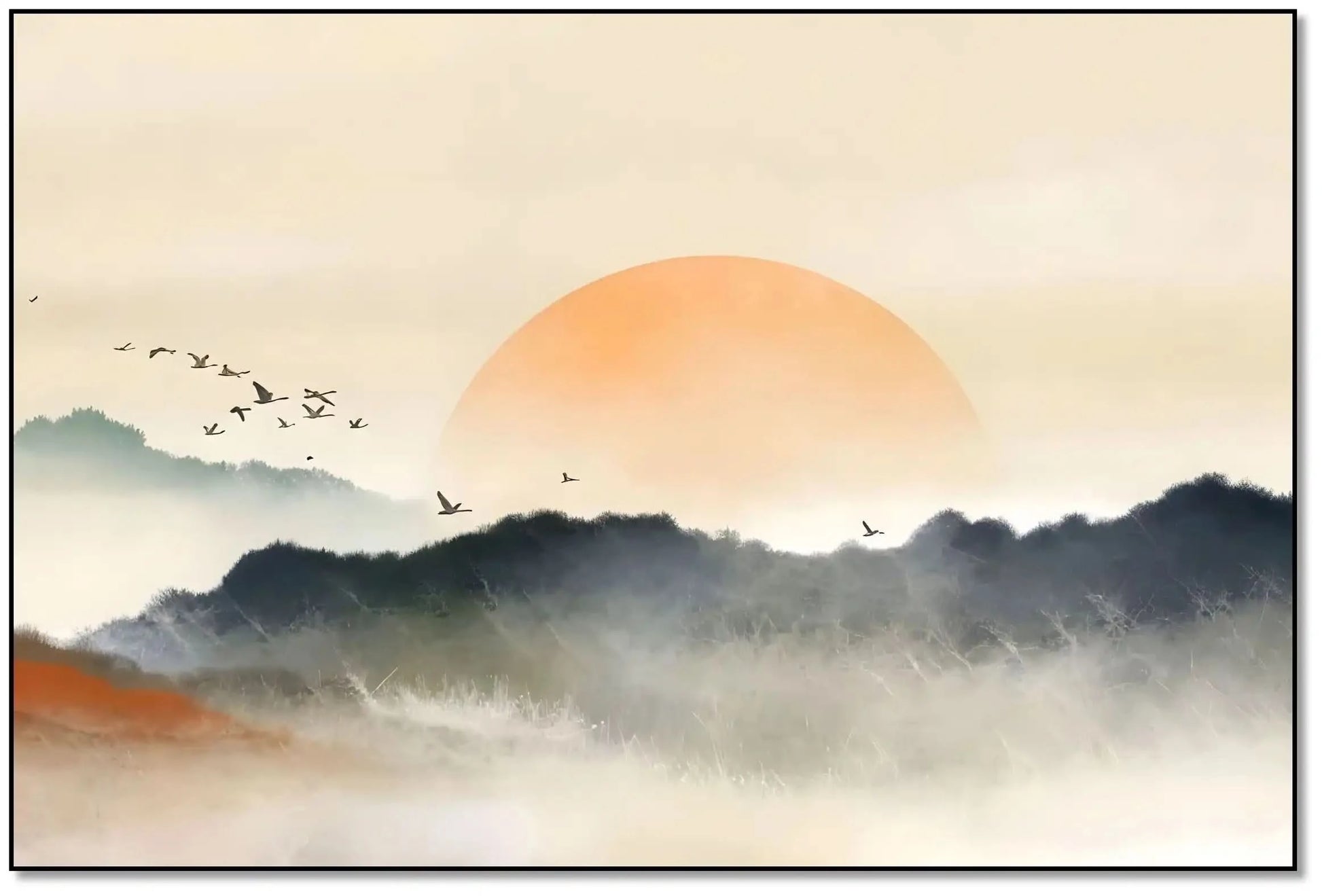 Lever de soleil avec teintes orange et gris, oiseaux en vol, ambiance sereine et mystérieuse pour salon ou chambre.