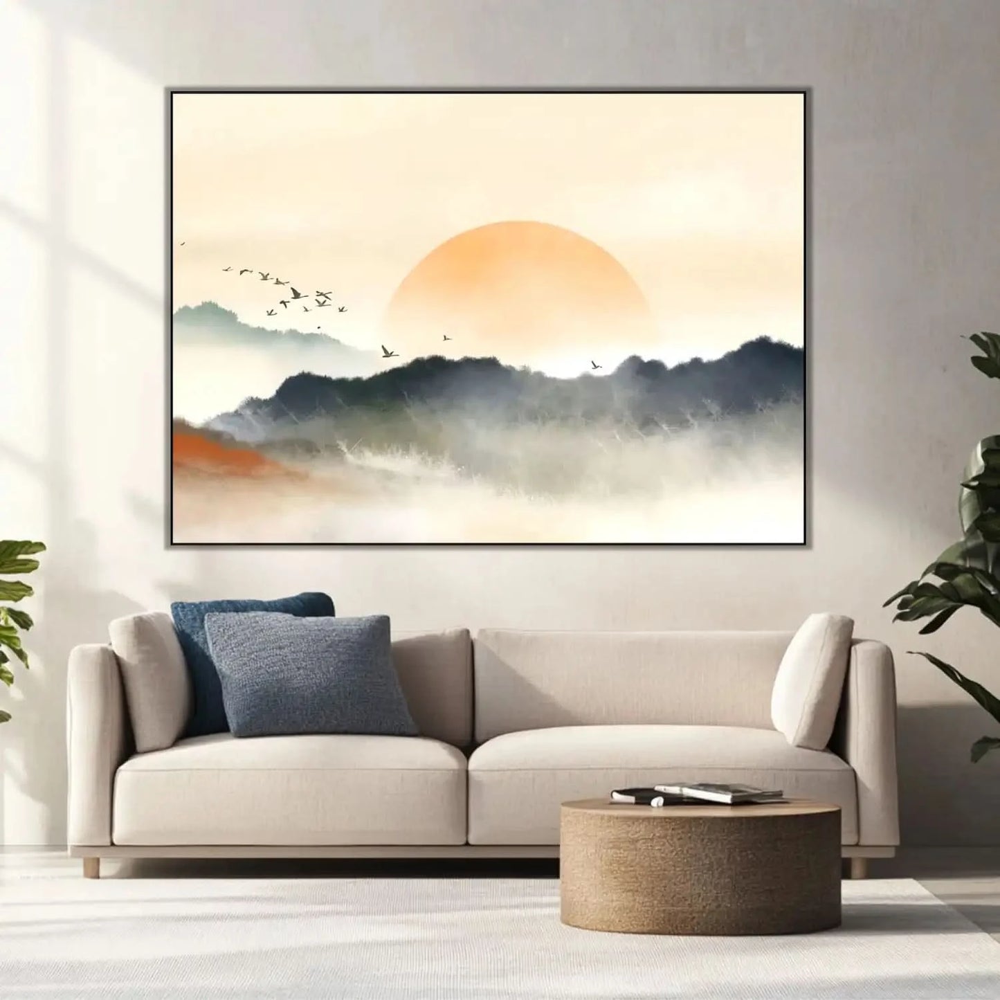 Lever de soleil avec teintes orange et gris, oiseaux en vol, ambiance sereine et mystérieuse pour salon ou chambre.