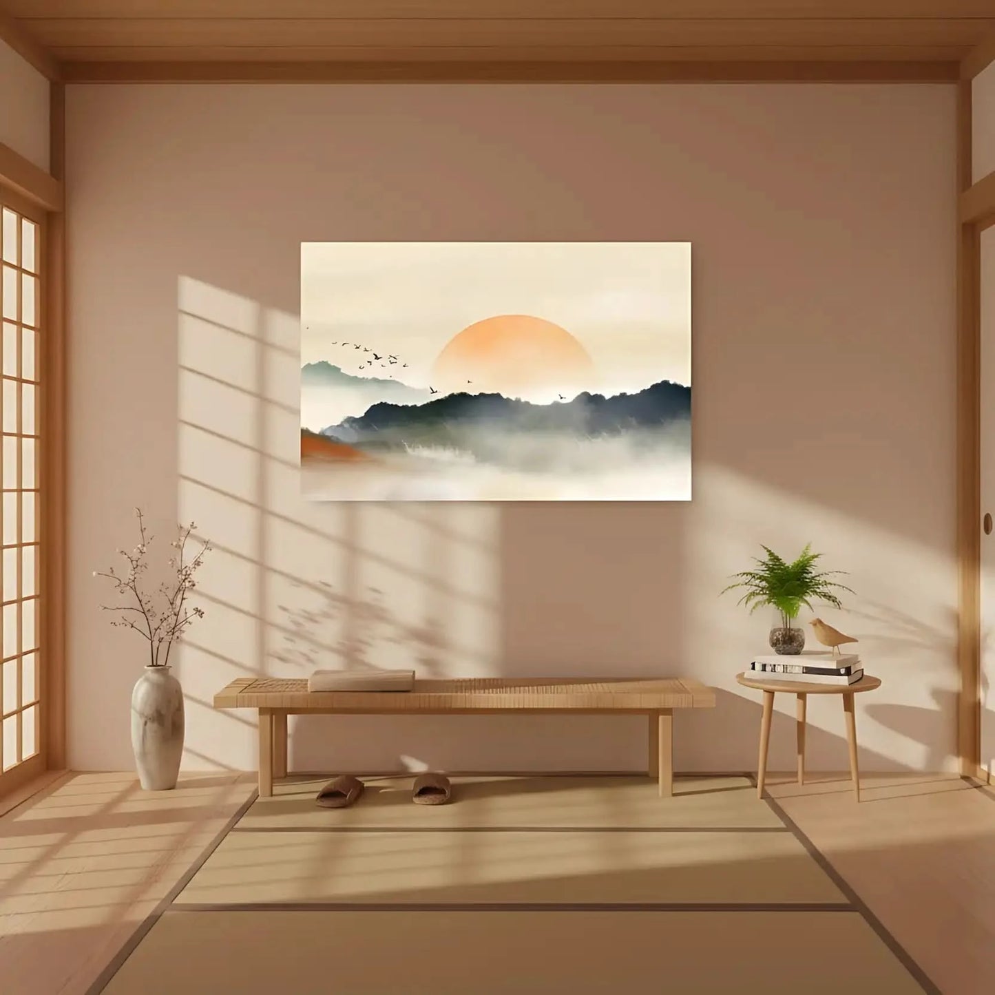 Lever de soleil avec teintes orange et gris, oiseaux en vol, ambiance sereine et mystérieuse pour salon ou chambre.