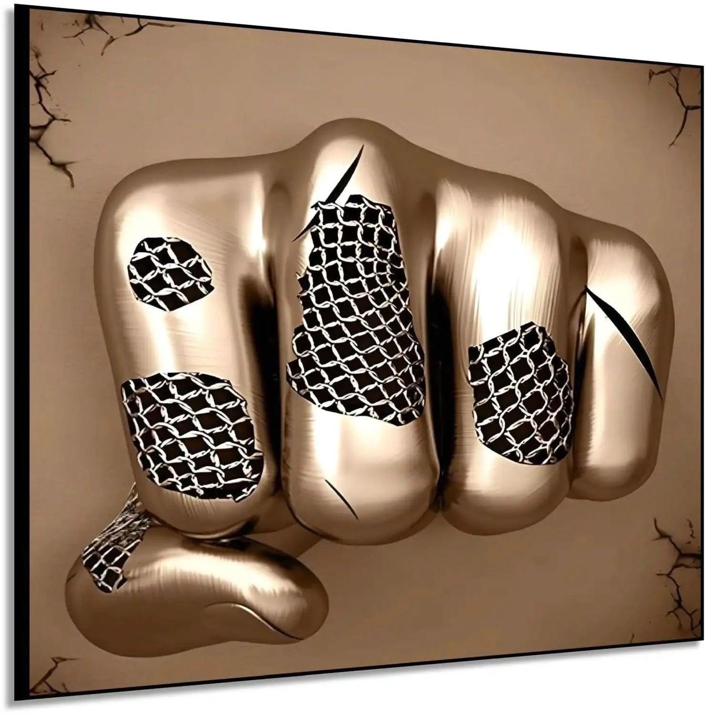 Poing doré maillé jaillit dans un tableau abstrait carré; or et beige et surface lisse symbolisent force et liberté.