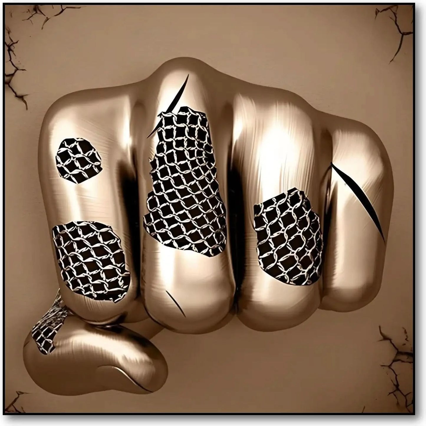 Poing doré maillé jaillit dans un tableau abstrait carré; or et beige et surface lisse symbolisent force et liberté.