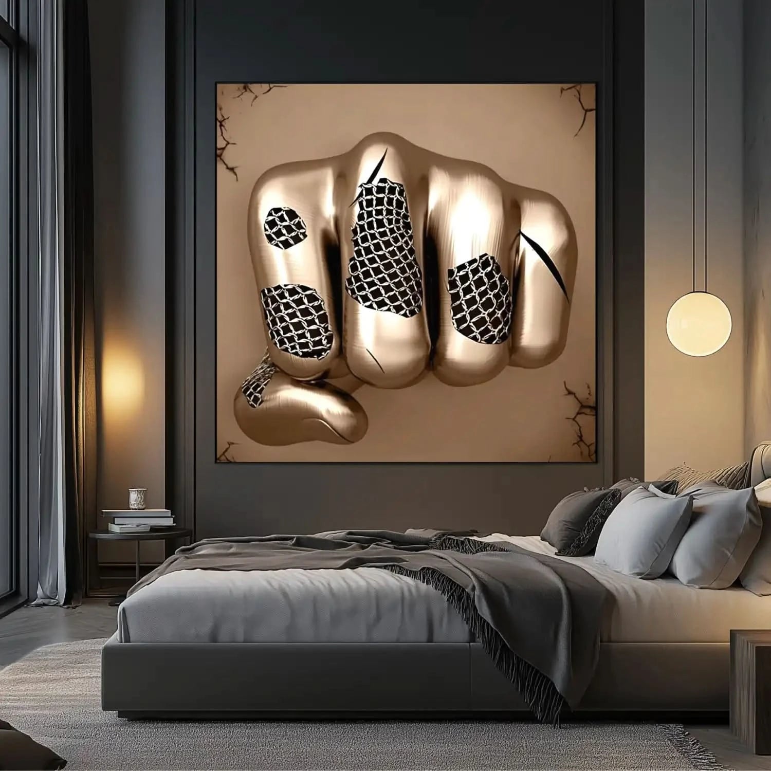 Poing doré maillé jaillit dans un tableau abstrait carré; or et beige et surface lisse symbolisent force et liberté.