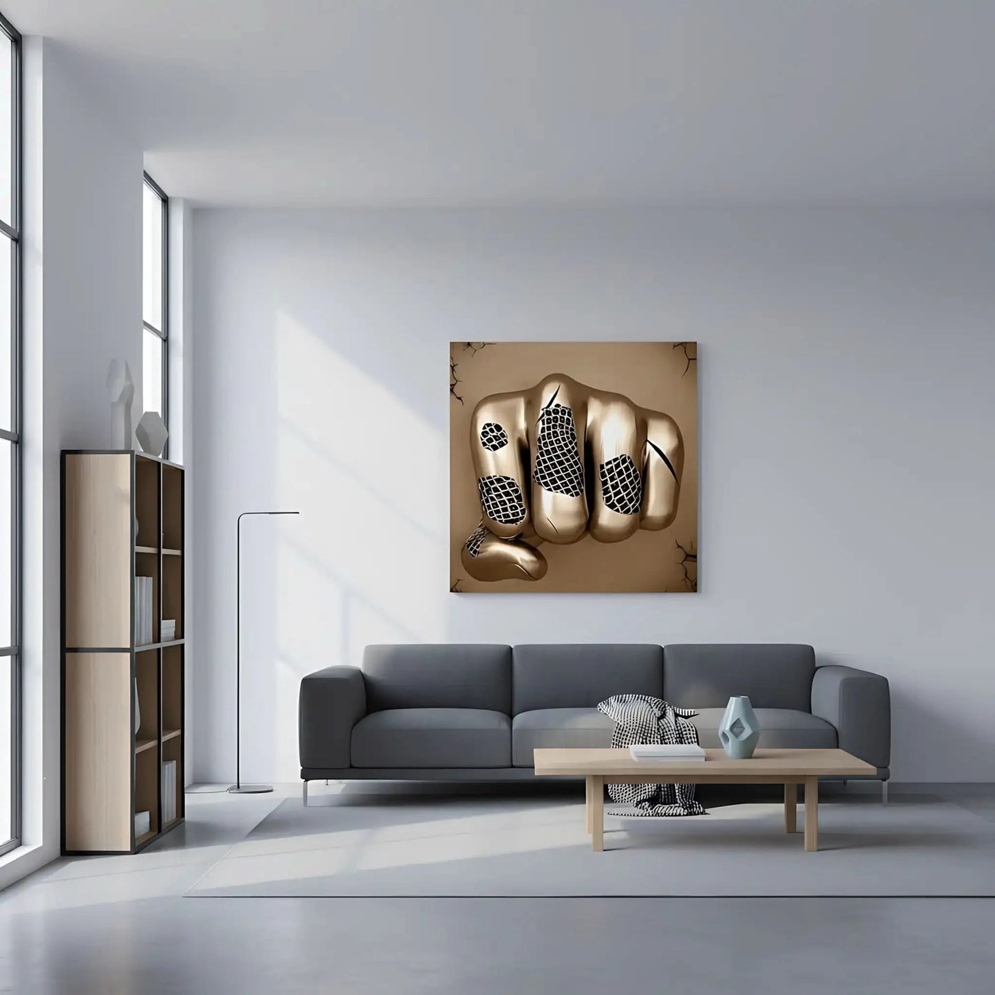 Poing doré maillé jaillit dans un tableau abstrait carré; or et beige et surface lisse symbolisent force et liberté.