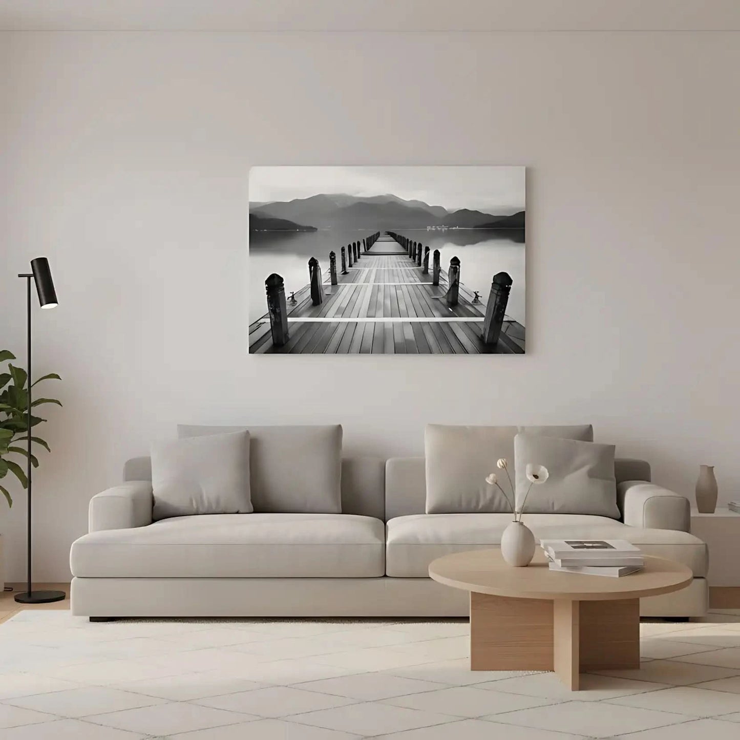 Pont en bois noir et blanc s'étendant vers l'horizon, entouré de montagnes, créant une ambiance sereine et contemplative.