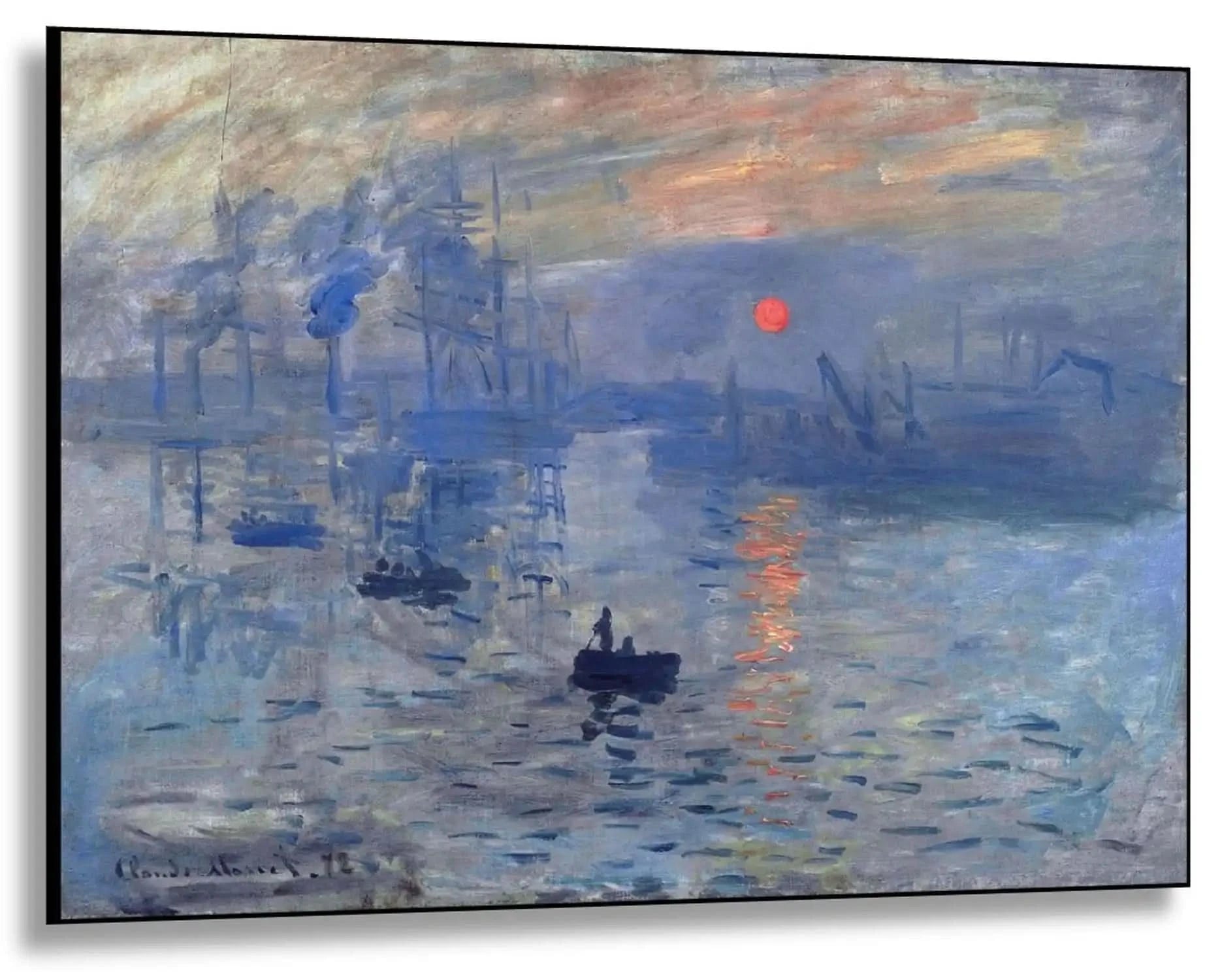 Toile impressionniste avec port au lever du soleil, nuances de bleu profond et gris, ambiance sereine pour salon ou bureau.