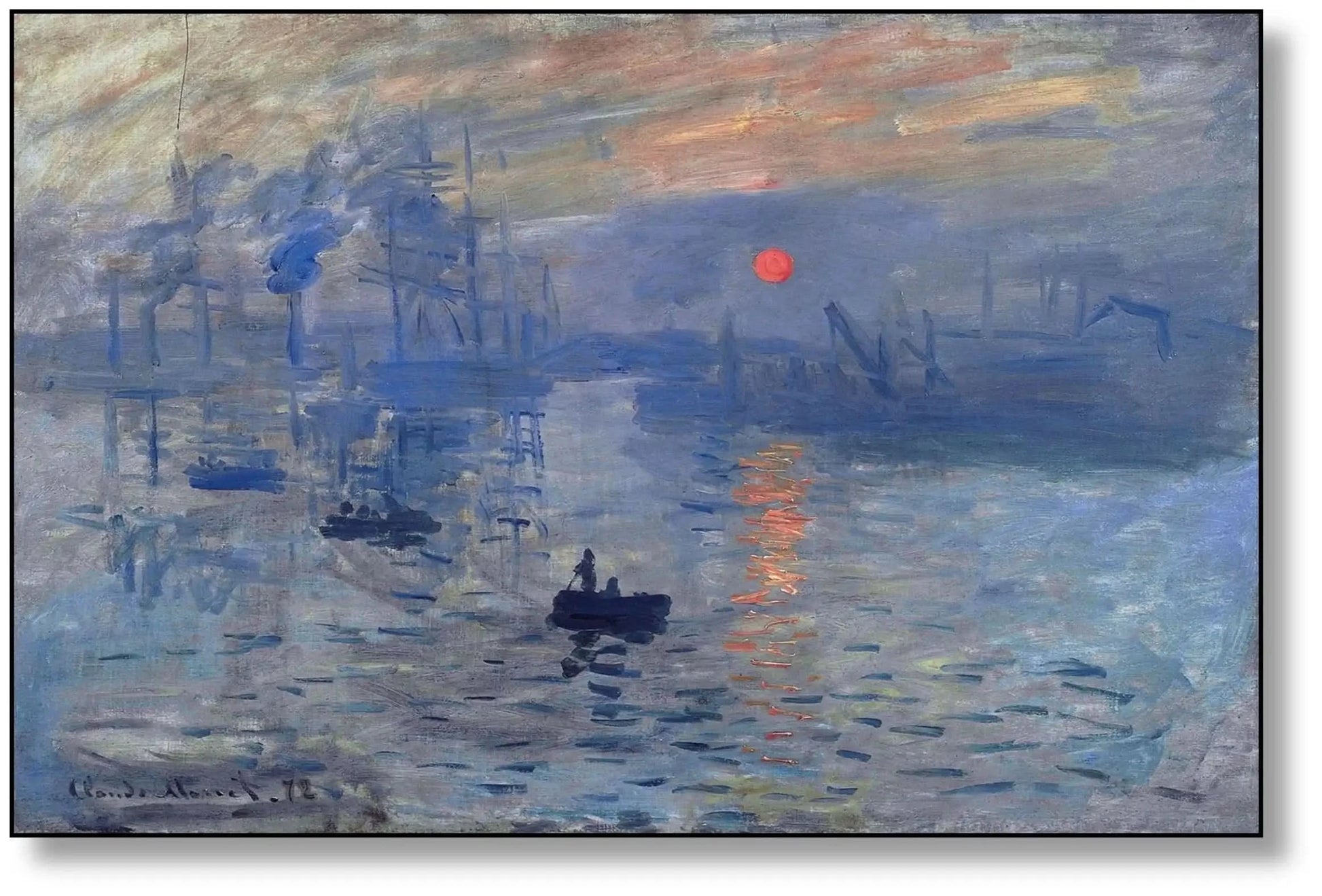 Toile impressionniste avec port au lever du soleil, nuances de bleu profond et gris, ambiance sereine pour salon ou bureau.