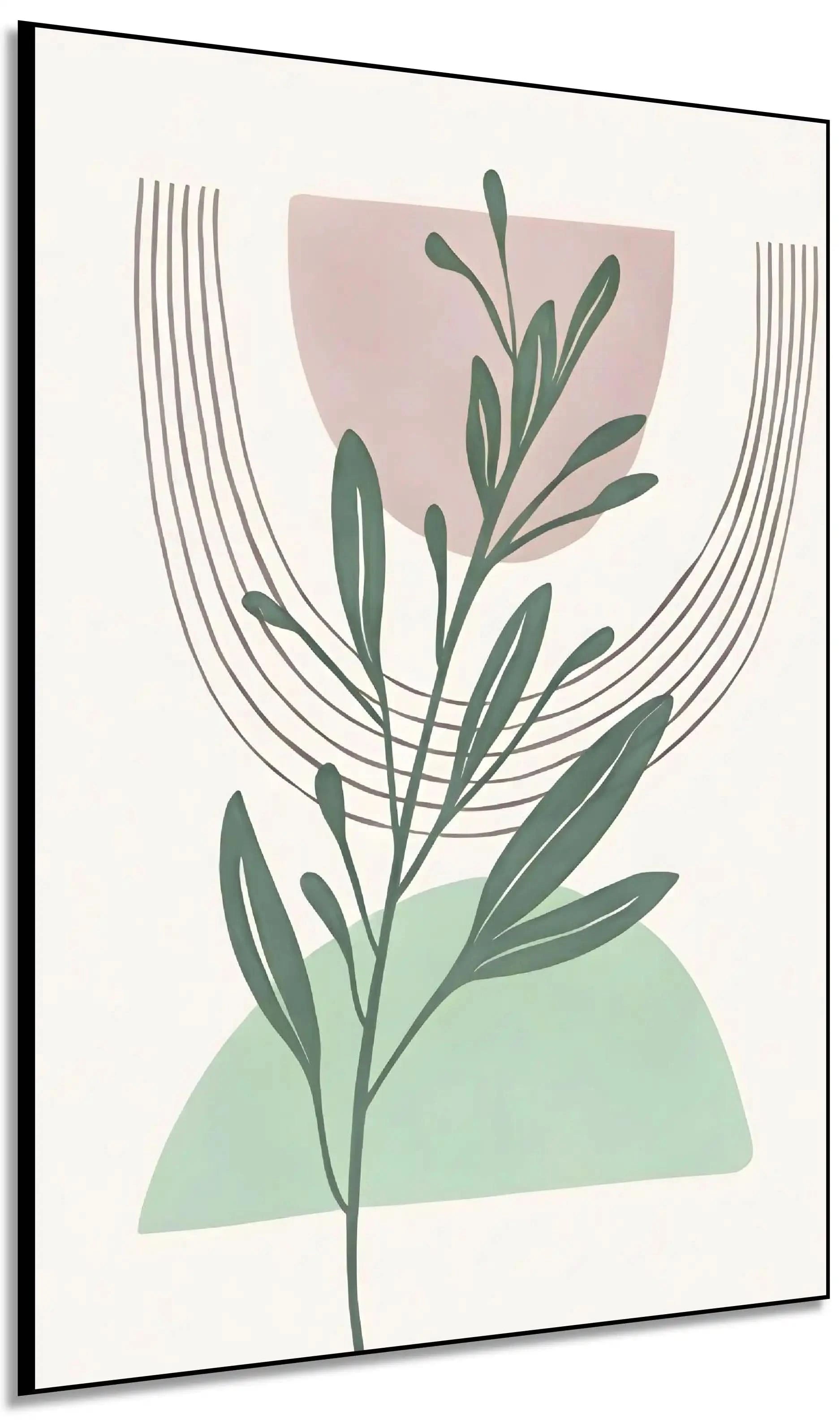 Tableau minimaliste avec branche verte et formes géométriques pastel, ambiance sereine pour salon ou chambre moderne.