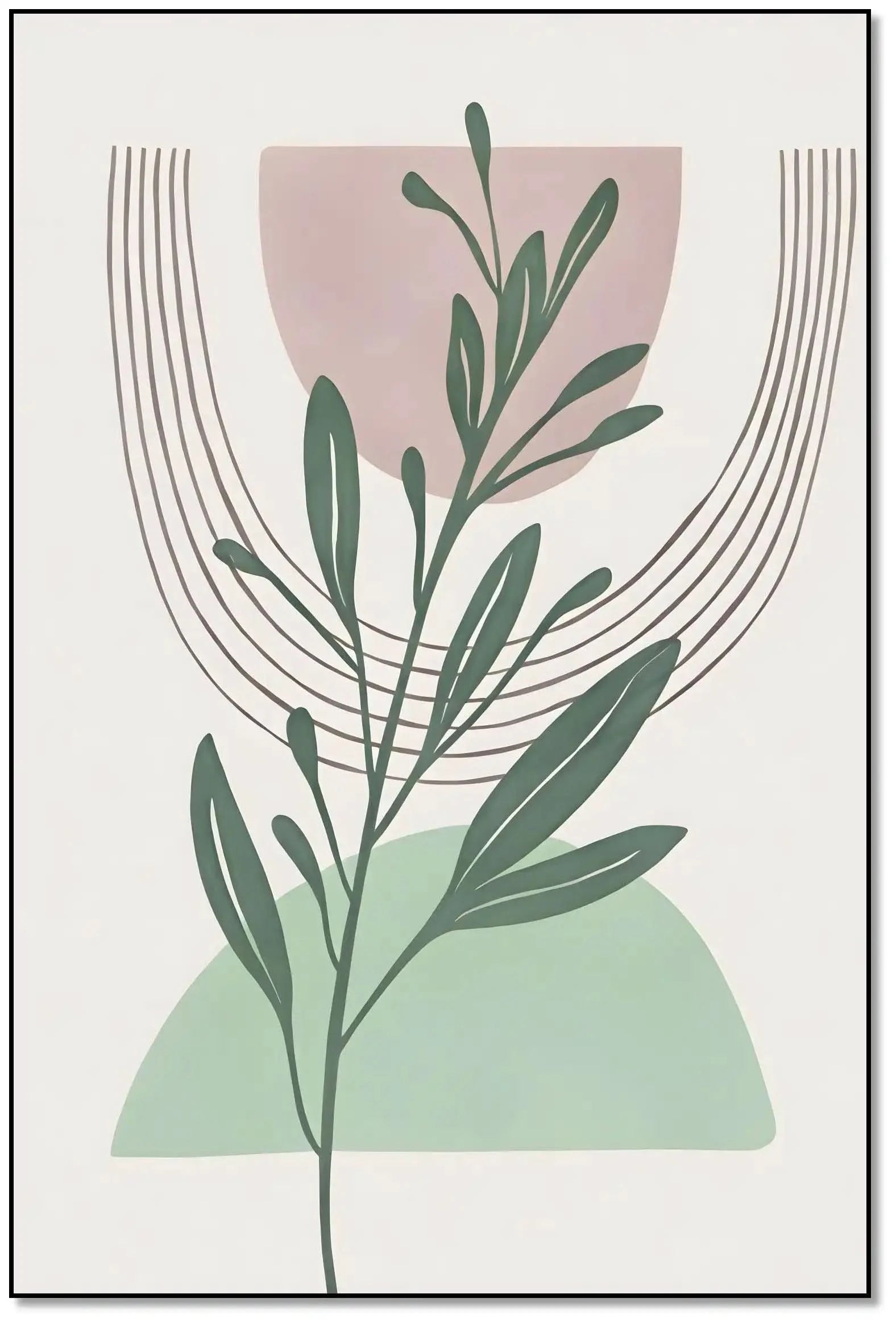 Tableau minimaliste avec branche verte et formes géométriques pastel, ambiance sereine pour salon ou chambre moderne.
