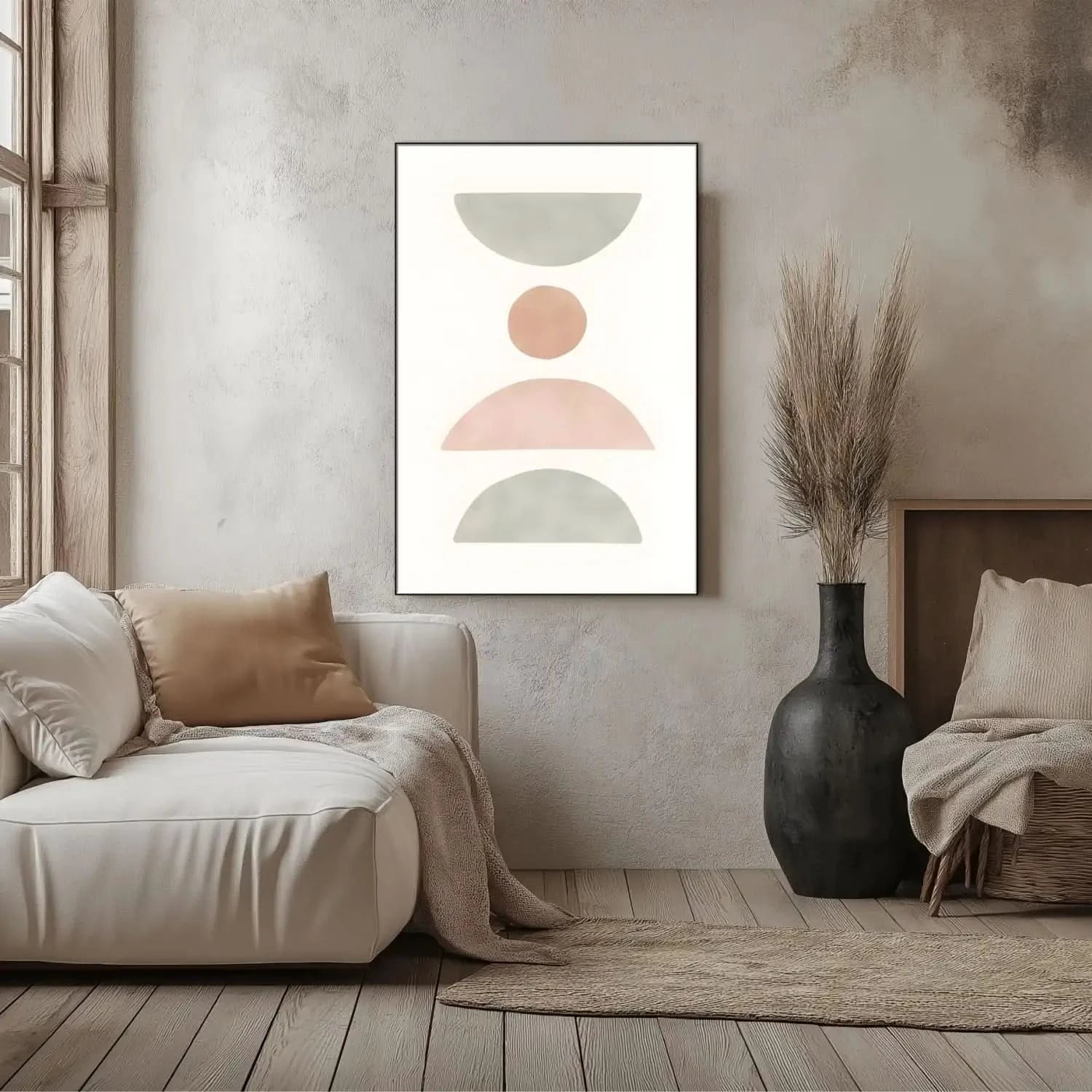 Tableau minimaliste avec formes géométriques pastel, ambiance sereine et équilibrée, idéal pour bureau ou salon moderne.