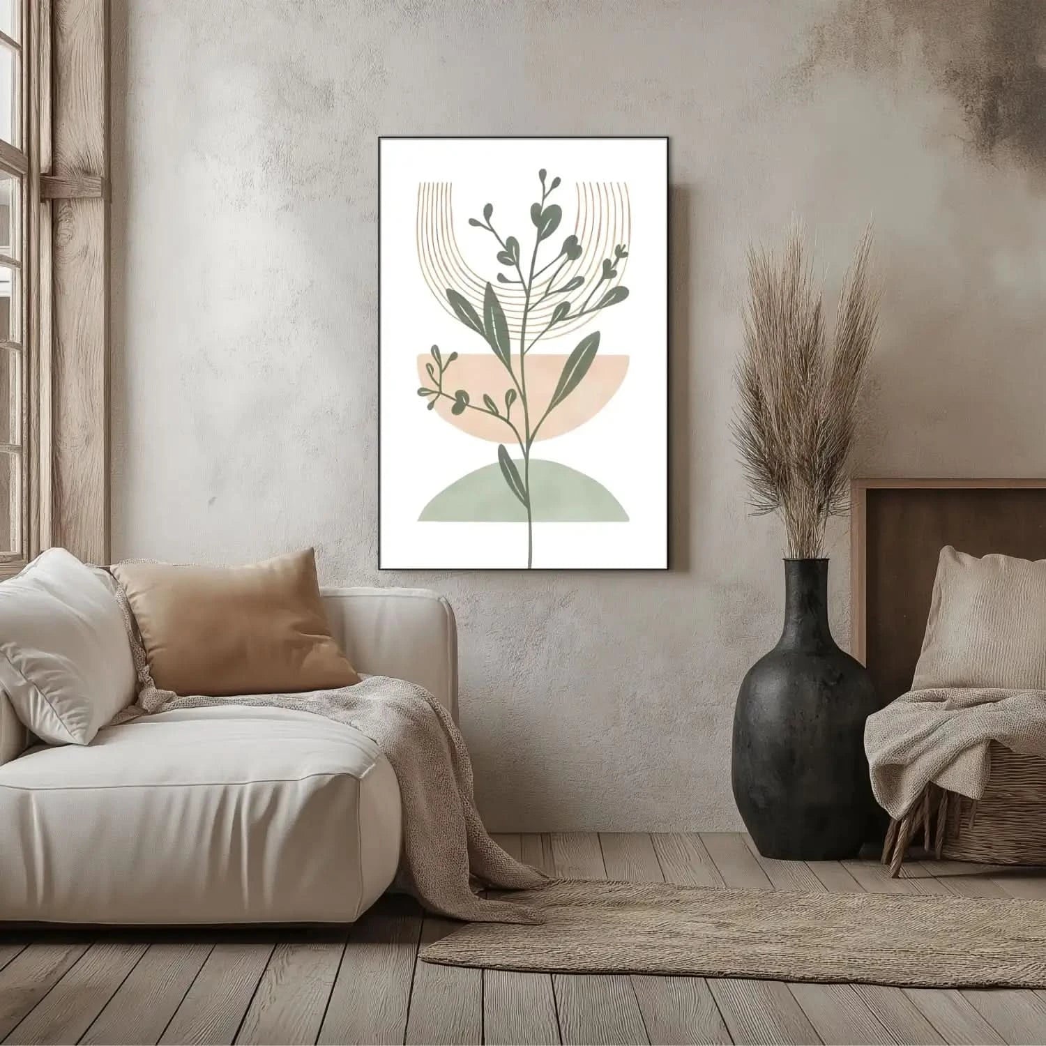 Tableau minimaliste avec motifs botaniques et formes géométriques, couleurs douces, idéal pour salon ou chambre zen.