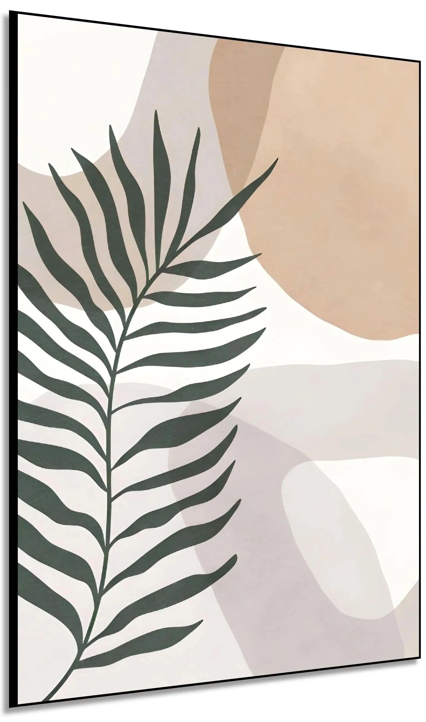 Feuille de palmier stylisée sur fond beige et blanc, style minimaliste, ambiance naturelle et apaisante pour salon ou chambre